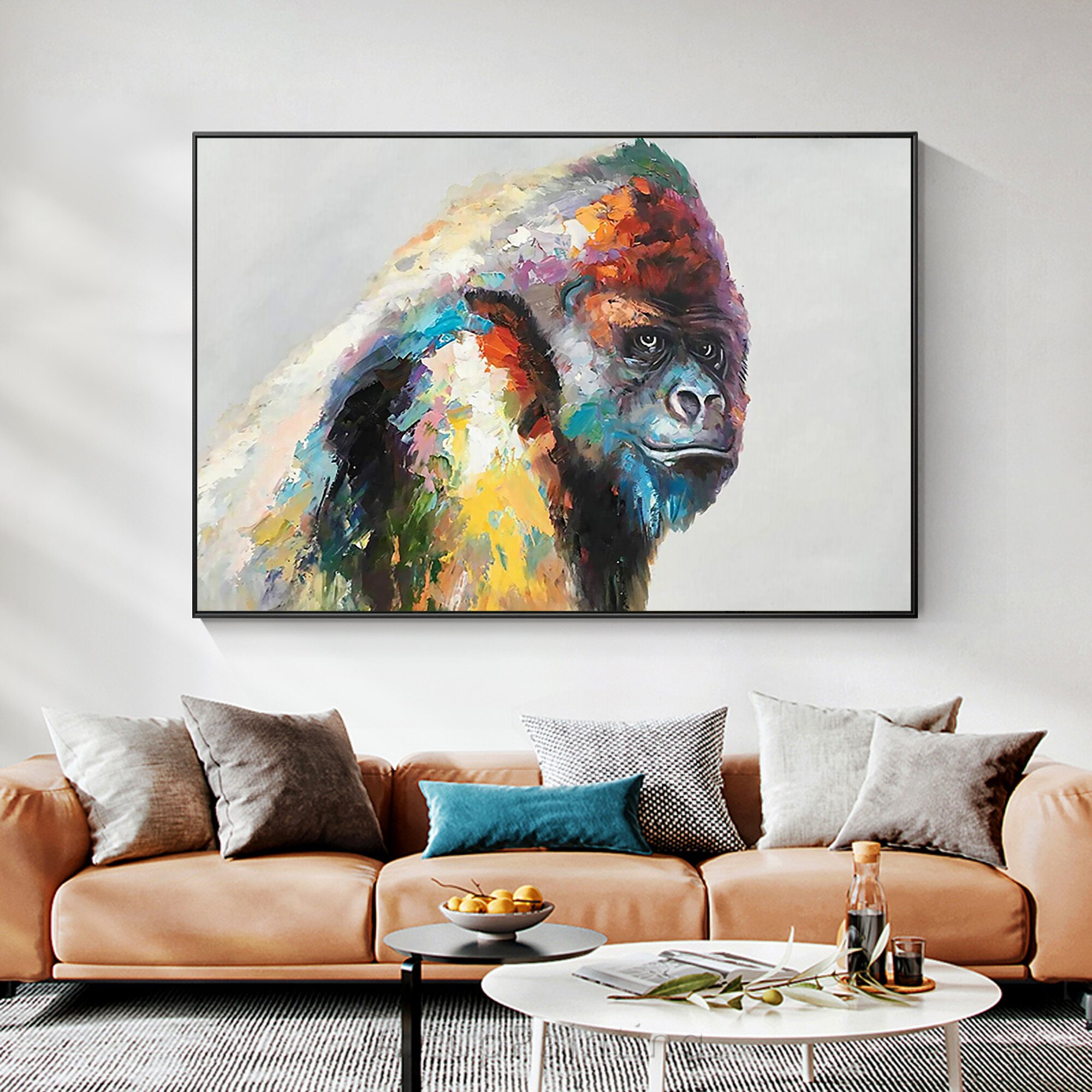 Pintura acr&iacute;lica sobre lienzo para decoraci&oacute;n del hogar, pintura de gorila, paleta de animales, cuchillo colorido, arte de pared Kingkong, Caudros para sala de estar