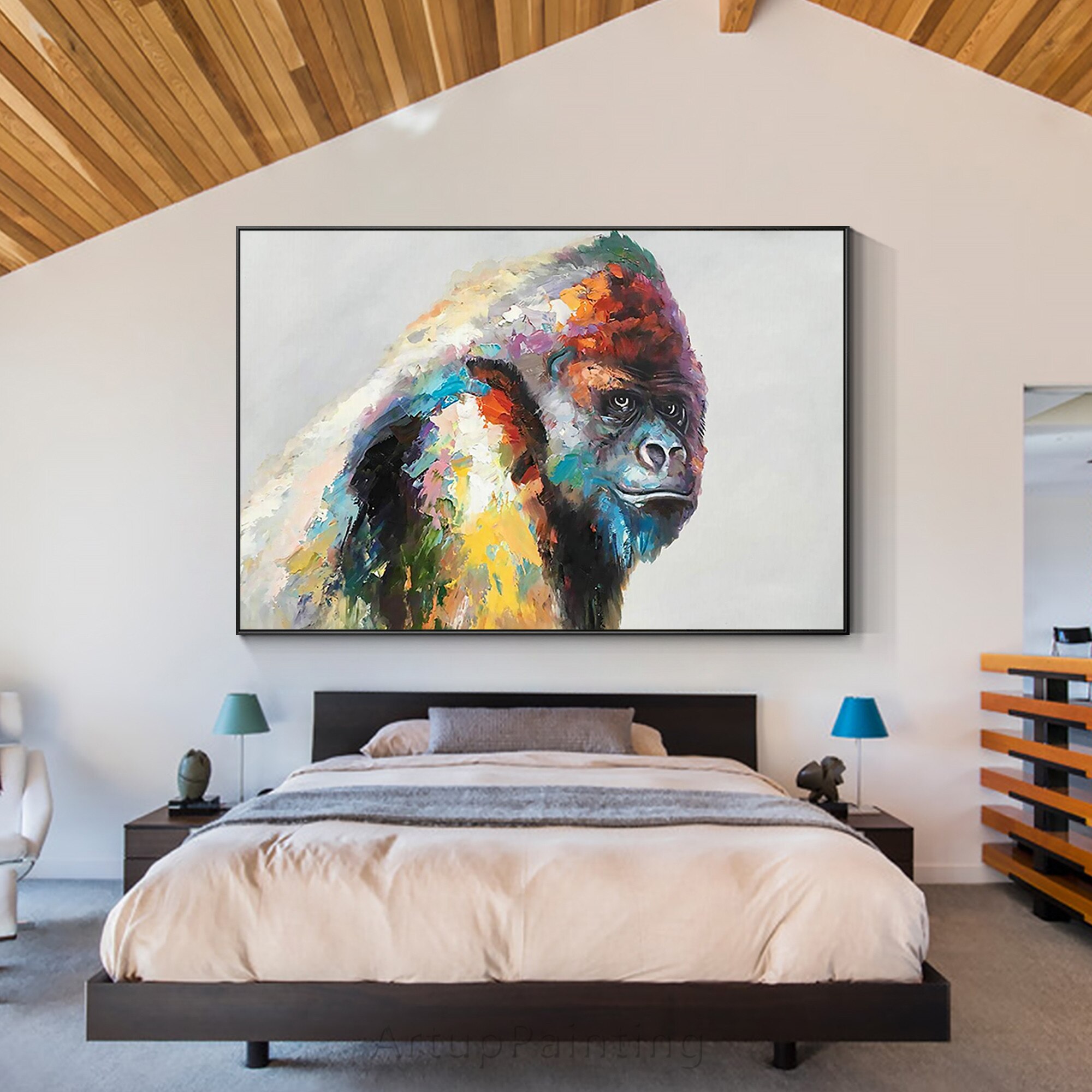 Pintura acr&iacute;lica sobre lienzo para decoraci&oacute;n del hogar, pintura de gorila, paleta de animales, cuchillo colorido, arte de pared Kingkong, Caudros para sala de estar