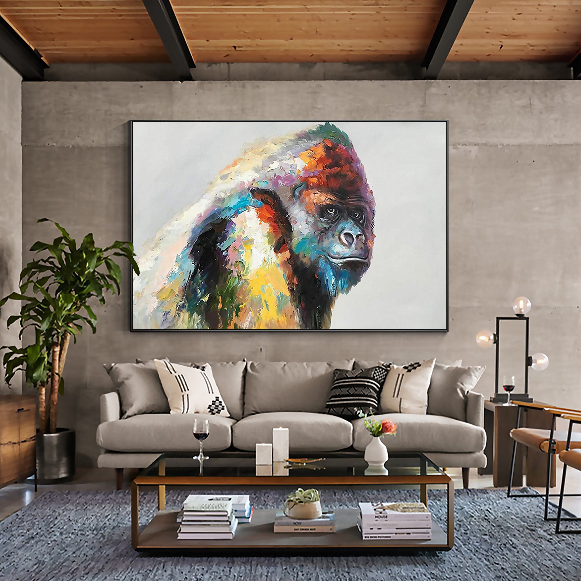 Pintura acr&iacute;lica sobre lienzo para decoraci&oacute;n del hogar, pintura de gorila, paleta de animales, cuchillo colorido, arte de pared Kingkong, Caudros para sala de estar