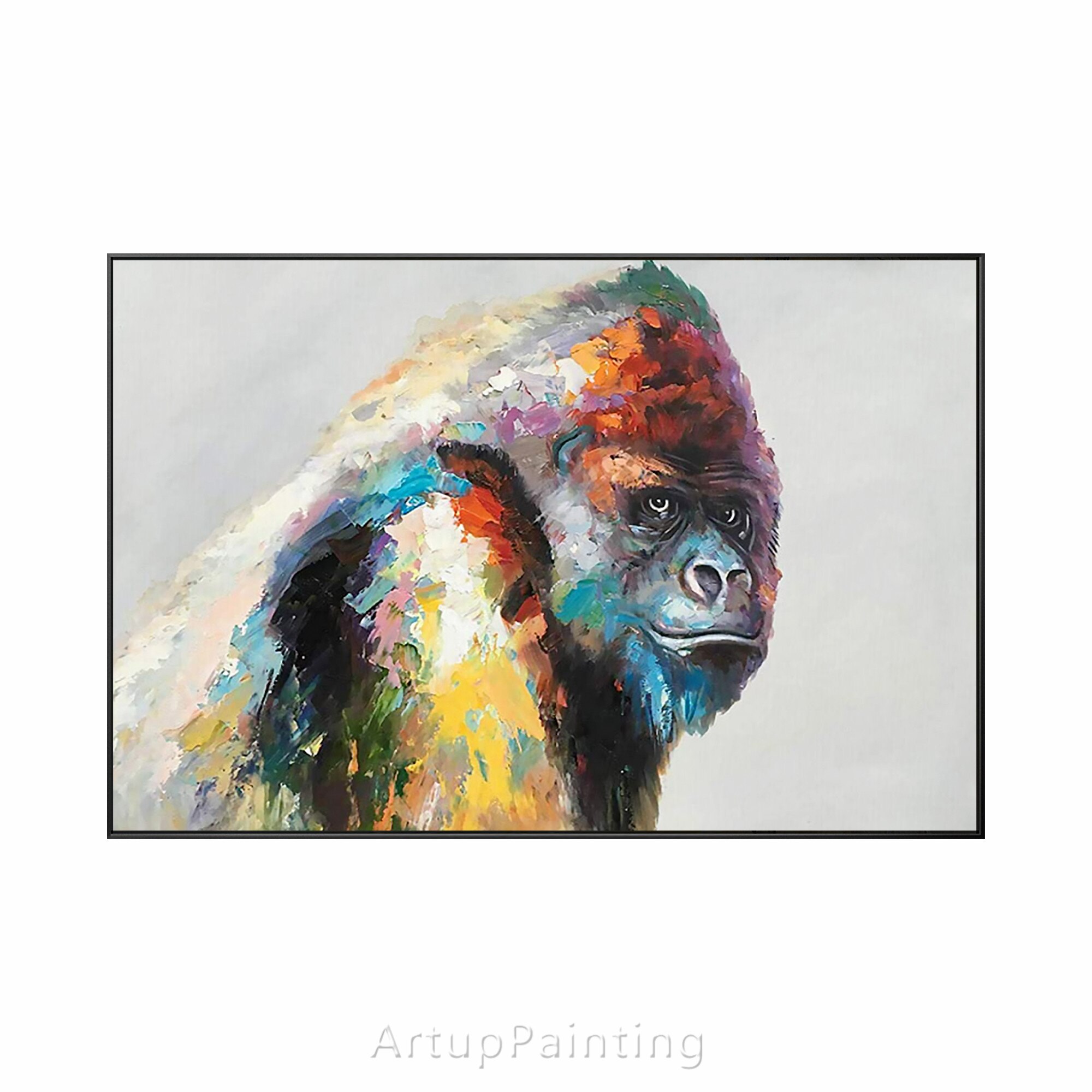 Pintura acr&iacute;lica sobre lienzo para decoraci&oacute;n del hogar, pintura de gorila, paleta de animales, cuchillo colorido, arte de pared Kingkong, Caudros para sala de estar