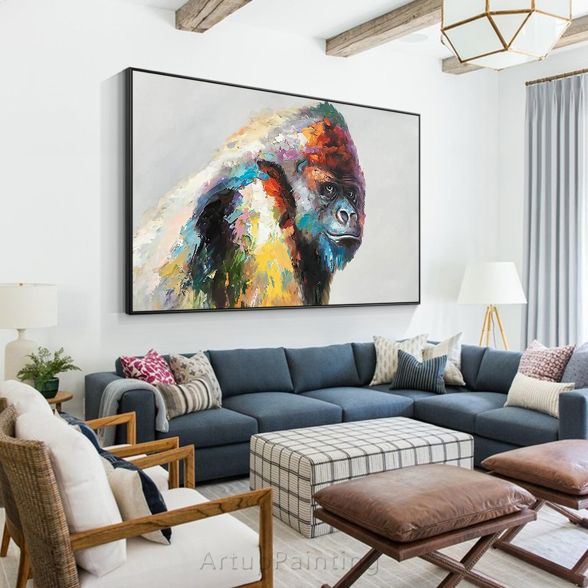 Pintura acr&iacute;lica sobre lienzo para decoraci&oacute;n del hogar, pintura de gorila, paleta de animales, cuchillo colorido, arte de pared Kingkong, Caudros para sala de estar