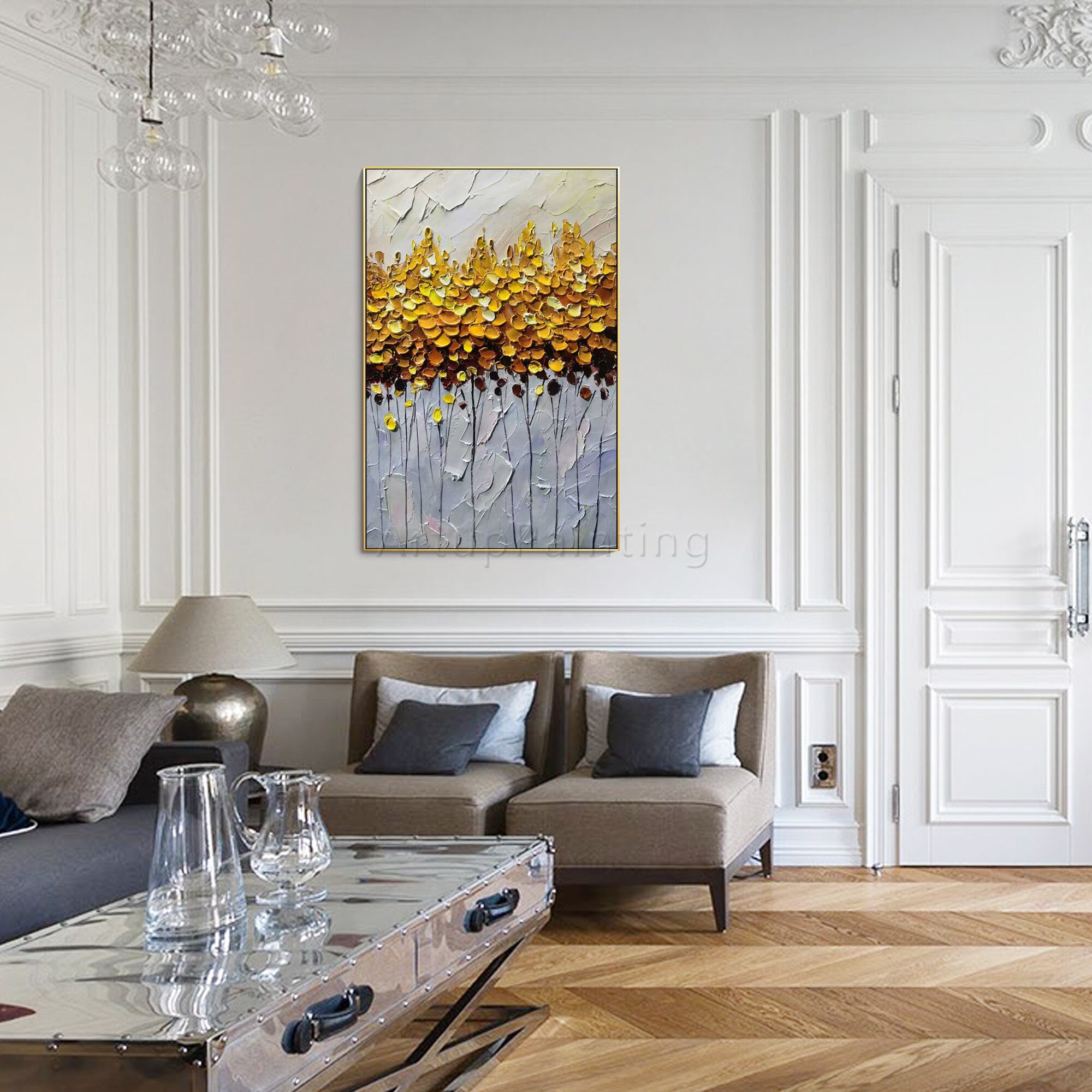 Arte de pared de oro pintado a mano abstracto grande, acr&iacute;lico, textura pesada, flor, lienzo, pintura al &oacute;leo, imagen para sala de estar, decoraci&oacute;n del hogar