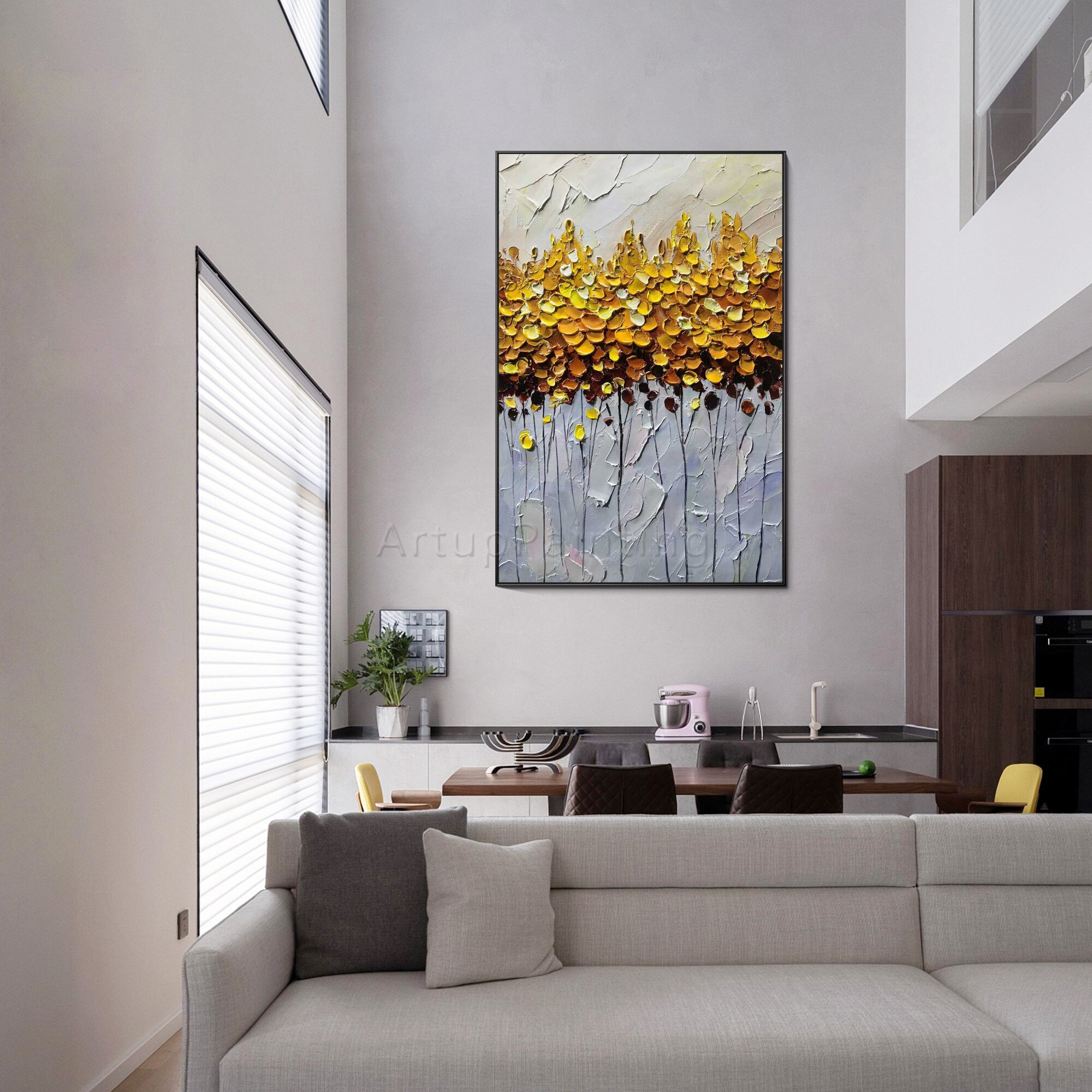 Arte de pared de oro pintado a mano abstracto grande, acr&iacute;lico, textura pesada, flor, lienzo, pintura al &oacute;leo, imagen para sala de estar, decoraci&oacute;n del hogar