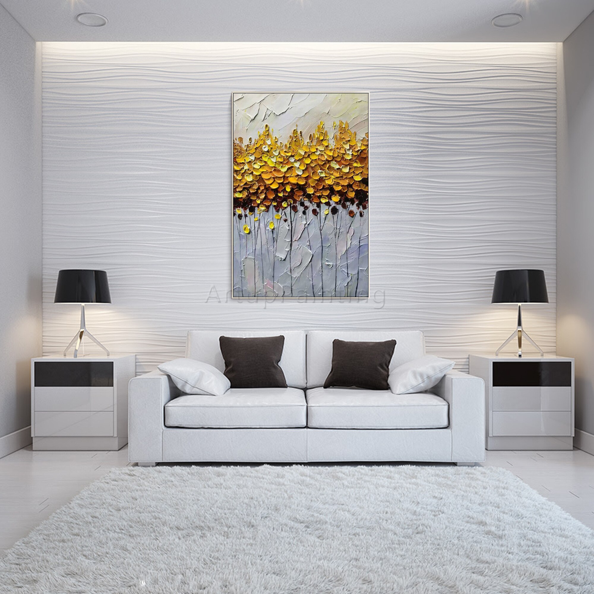Arte de pared de oro pintado a mano abstracto grande, acr&iacute;lico, textura pesada, flor, lienzo, pintura al &oacute;leo, imagen para sala de estar, decoraci&oacute;n del hogar
