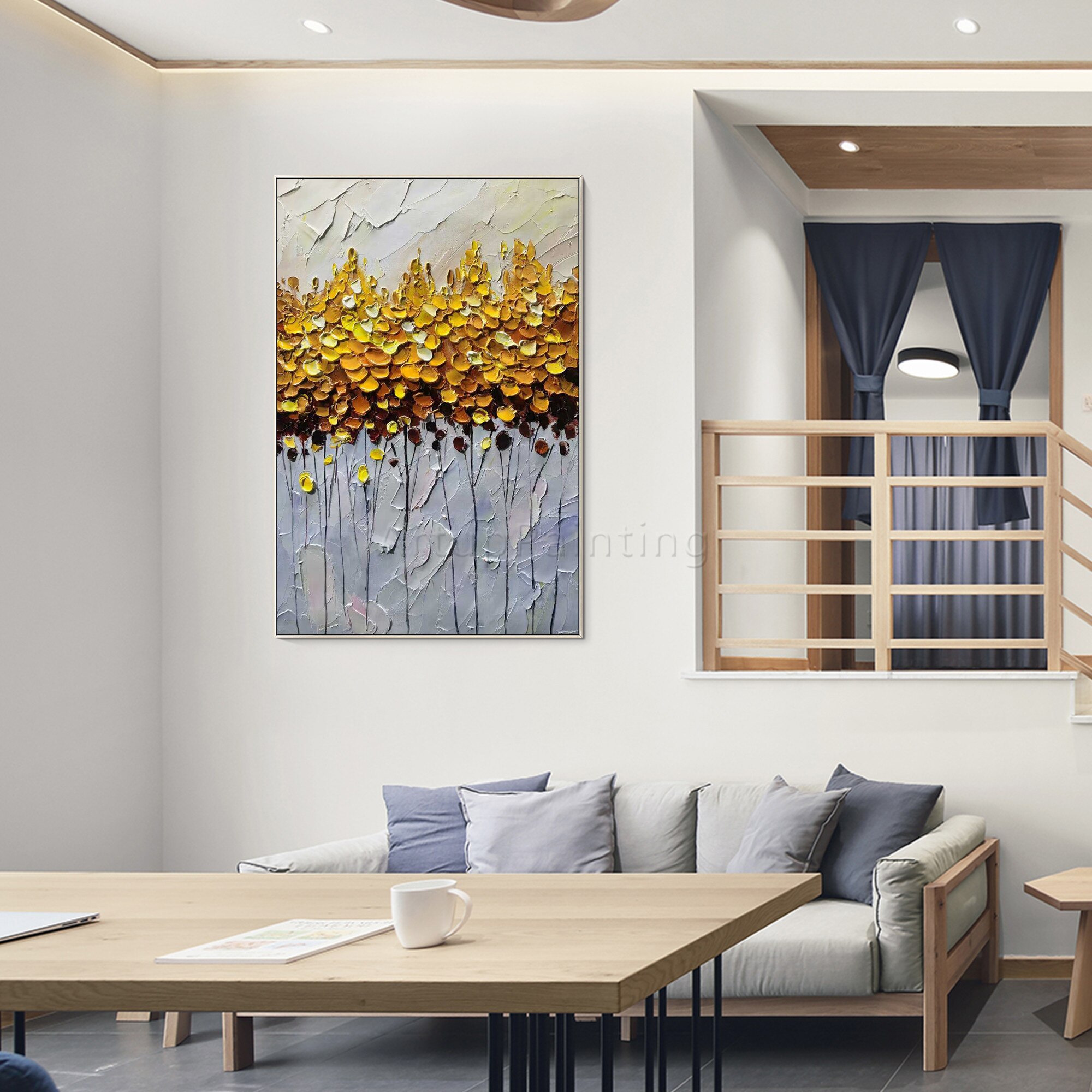 Arte de pared de oro pintado a mano abstracto grande, acr&iacute;lico, textura pesada, flor, lienzo, pintura al &oacute;leo, imagen para sala de estar, decoraci&oacute;n del hogar