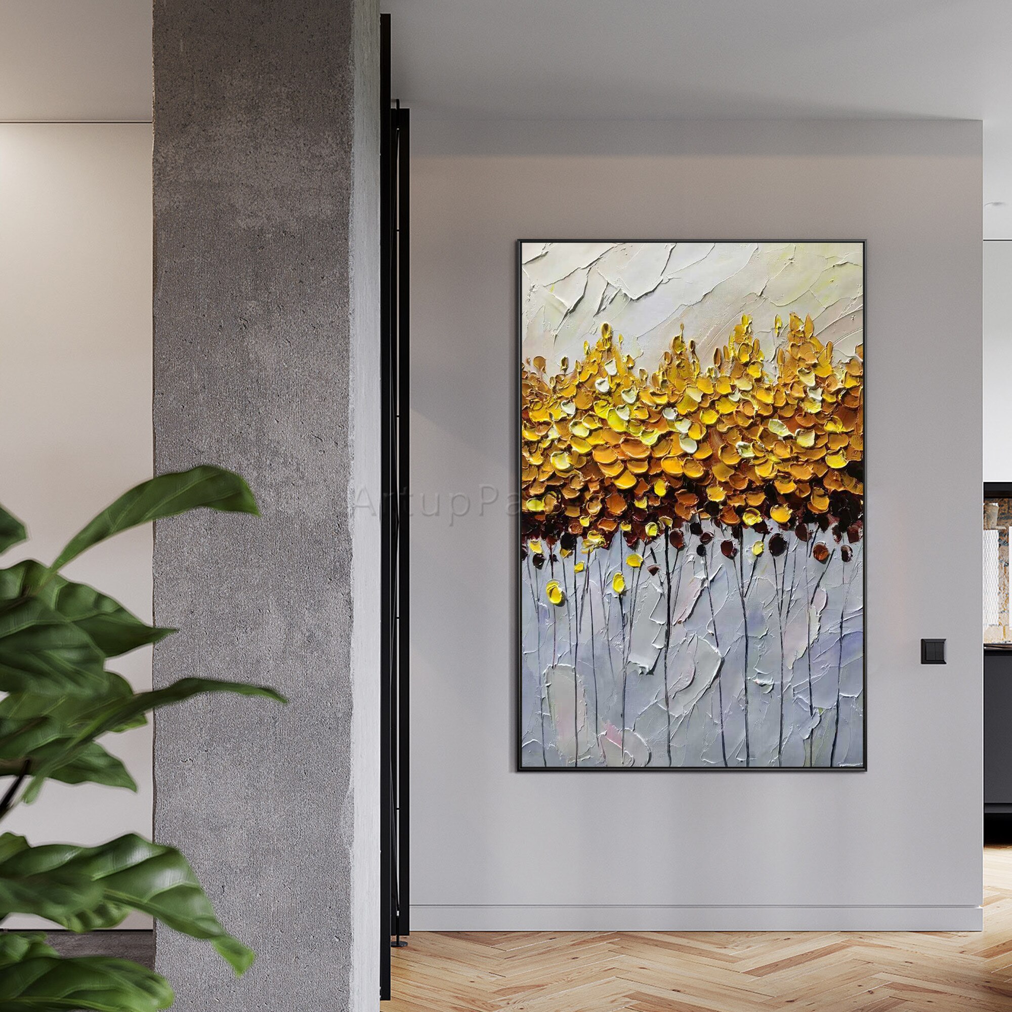 Arte de pared de oro pintado a mano abstracto grande, acr&iacute;lico, textura pesada, flor, lienzo, pintura al &oacute;leo, imagen para sala de estar, decoraci&oacute;n del hogar
