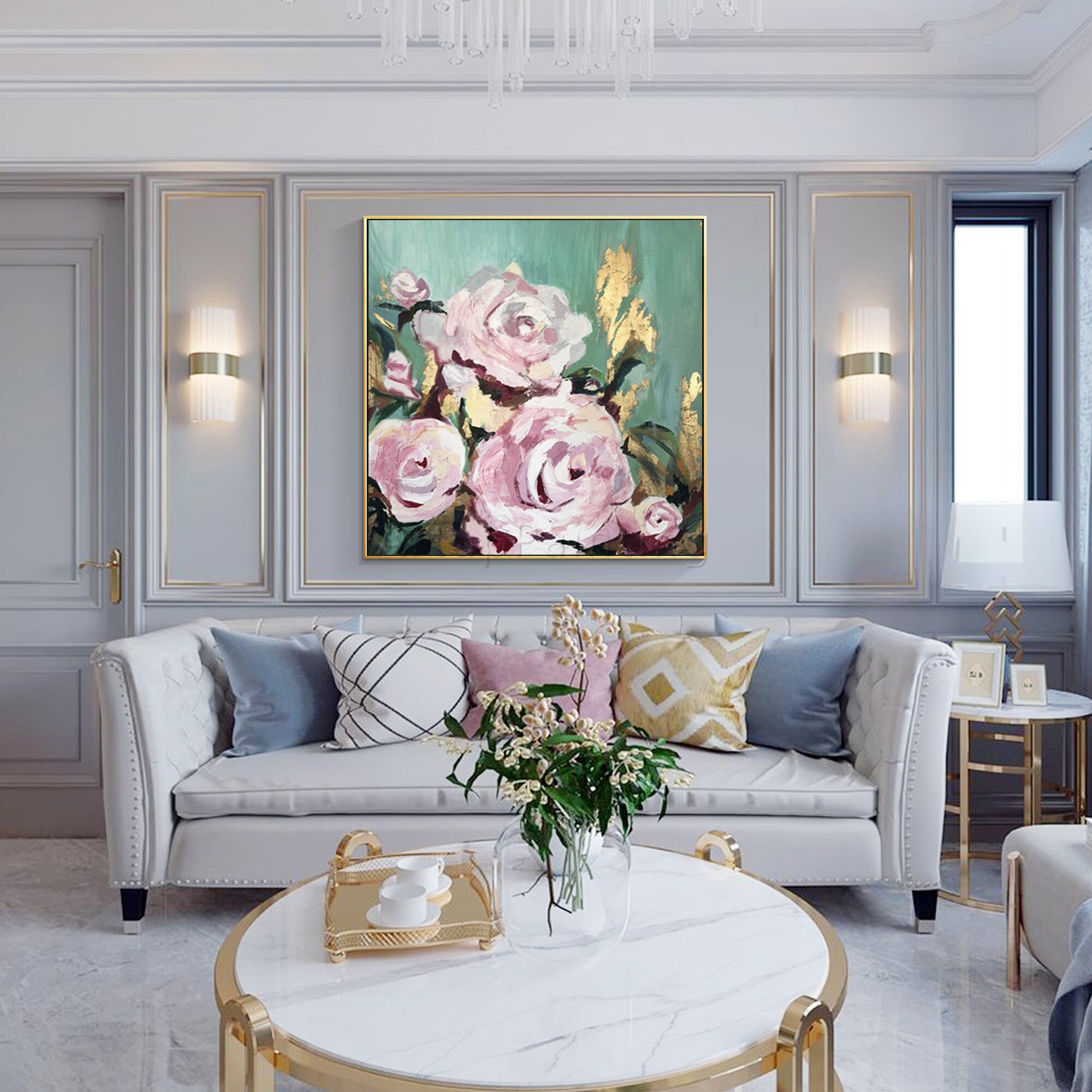 Pintura de flores sobre lienzo, arte de pared de textura acr&iacute;lica Original, hoja de oro grande, pintura de Rosa abstracta, decoraci&oacute;n del hogar para sala de estar