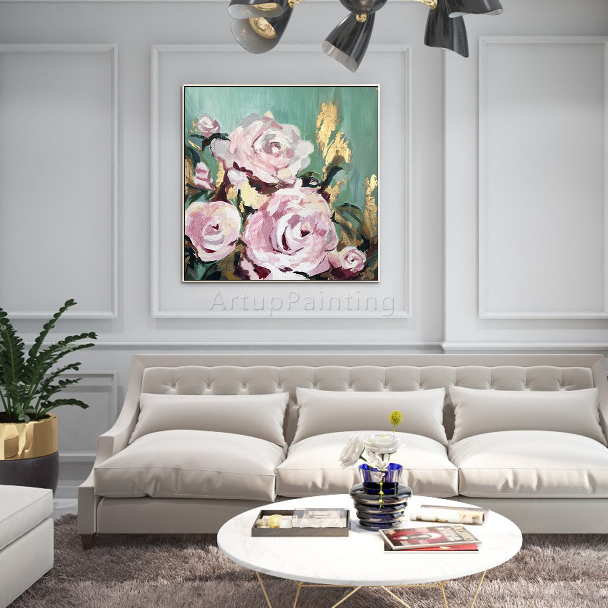 Pintura de flores sobre lienzo, arte de pared de textura acr&iacute;lica Original, hoja de oro grande, pintura de Rosa abstracta, decoraci&oacute;n del hogar para sala de estar