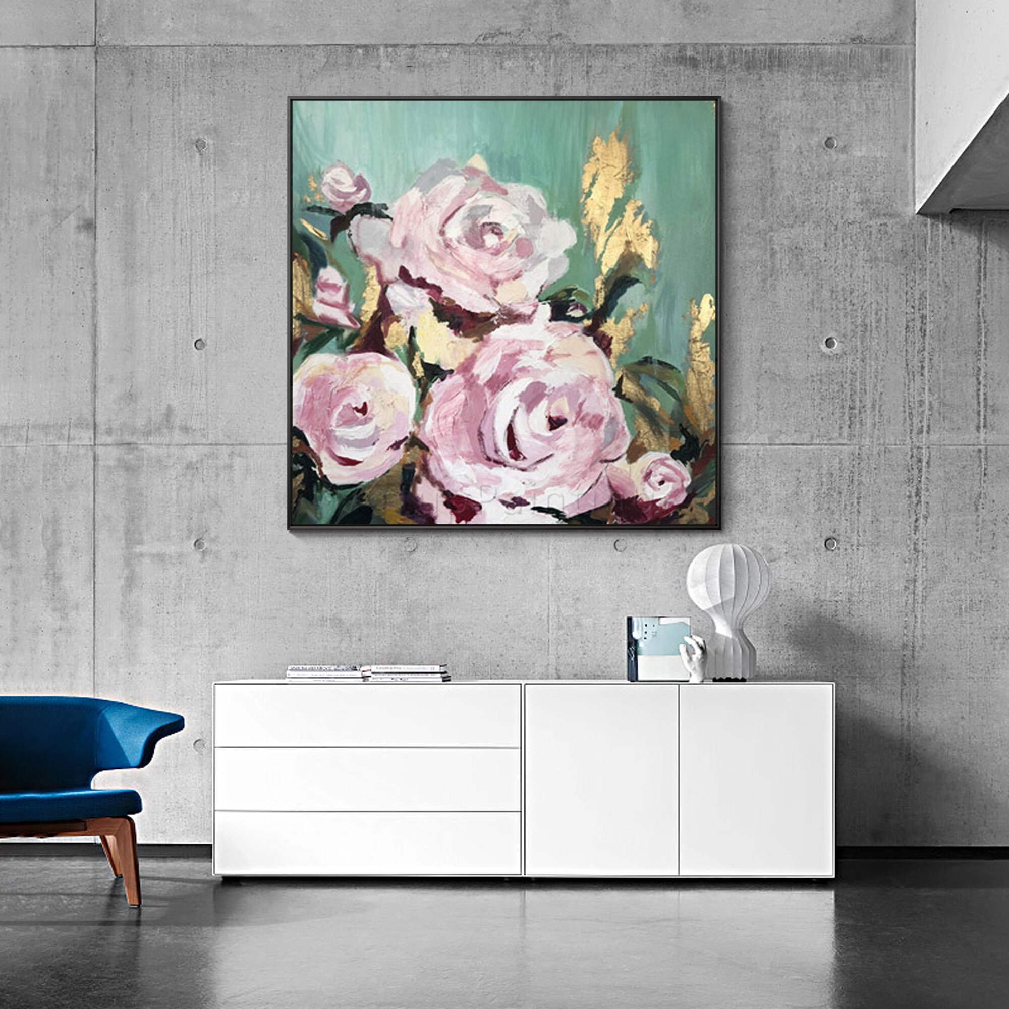 Pintura de flores sobre lienzo, arte de pared de textura acr&iacute;lica Original, hoja de oro grande, pintura de Rosa abstracta, decoraci&oacute;n del hogar para sala de estar