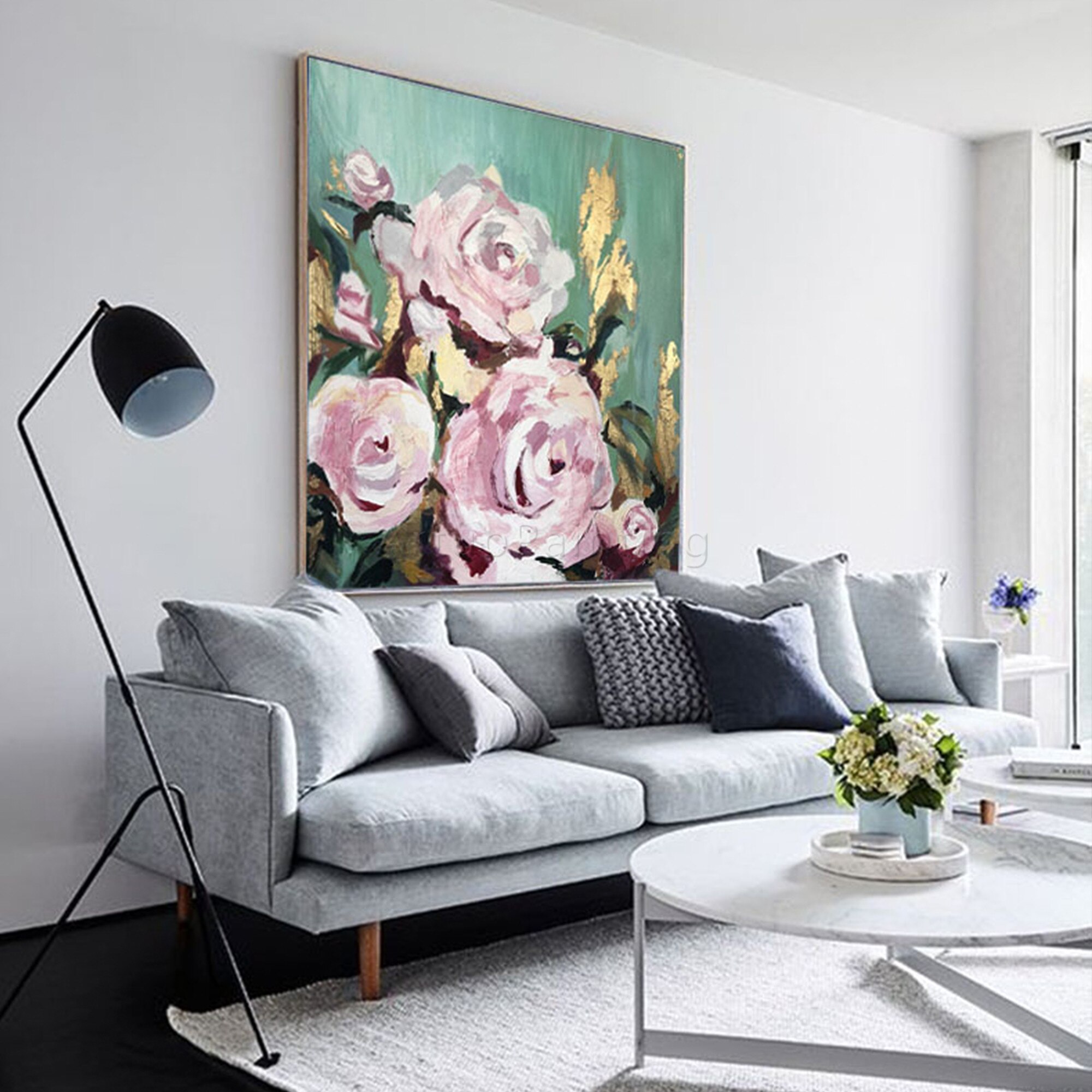 Pintura de flores sobre lienzo, arte de pared de textura acr&iacute;lica Original, hoja de oro grande, pintura de Rosa abstracta, decoraci&oacute;n del hogar para sala de estar