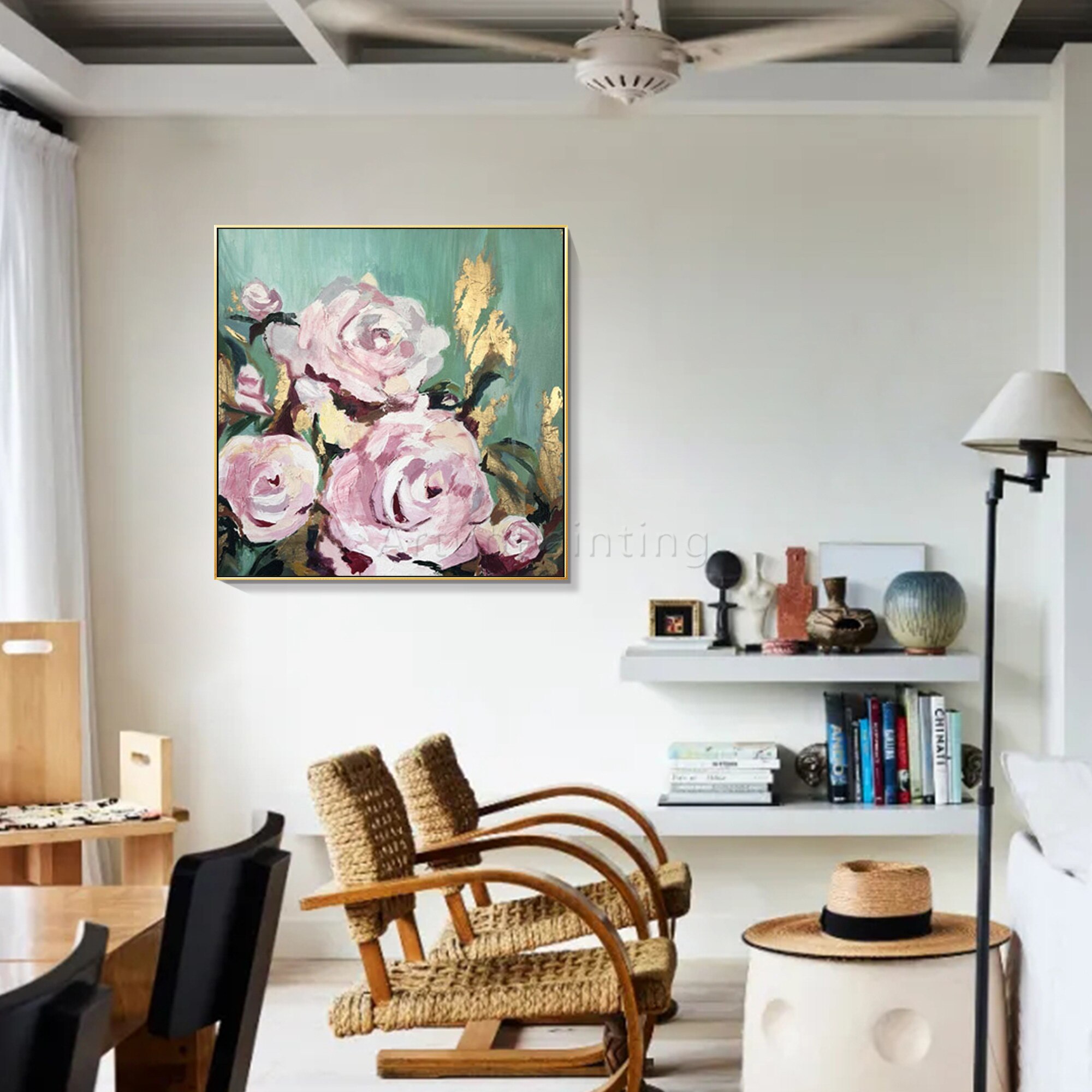 Pintura de flores sobre lienzo, arte de pared de textura acr&iacute;lica Original, hoja de oro grande, pintura de Rosa abstracta, decoraci&oacute;n del hogar para sala de estar