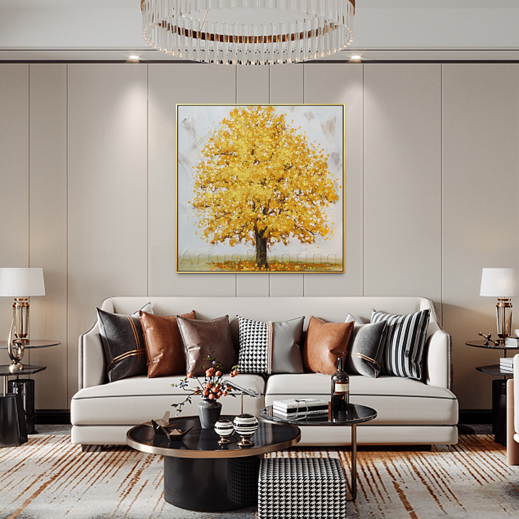 Pintura al &oacute;leo de paisaje para decoraci&oacute;n del hogar, lienzo de &aacute;rbol dorado abstracto de textura pesada acr&iacute;lica grande Original, arte de pared, imagen para sala de estar