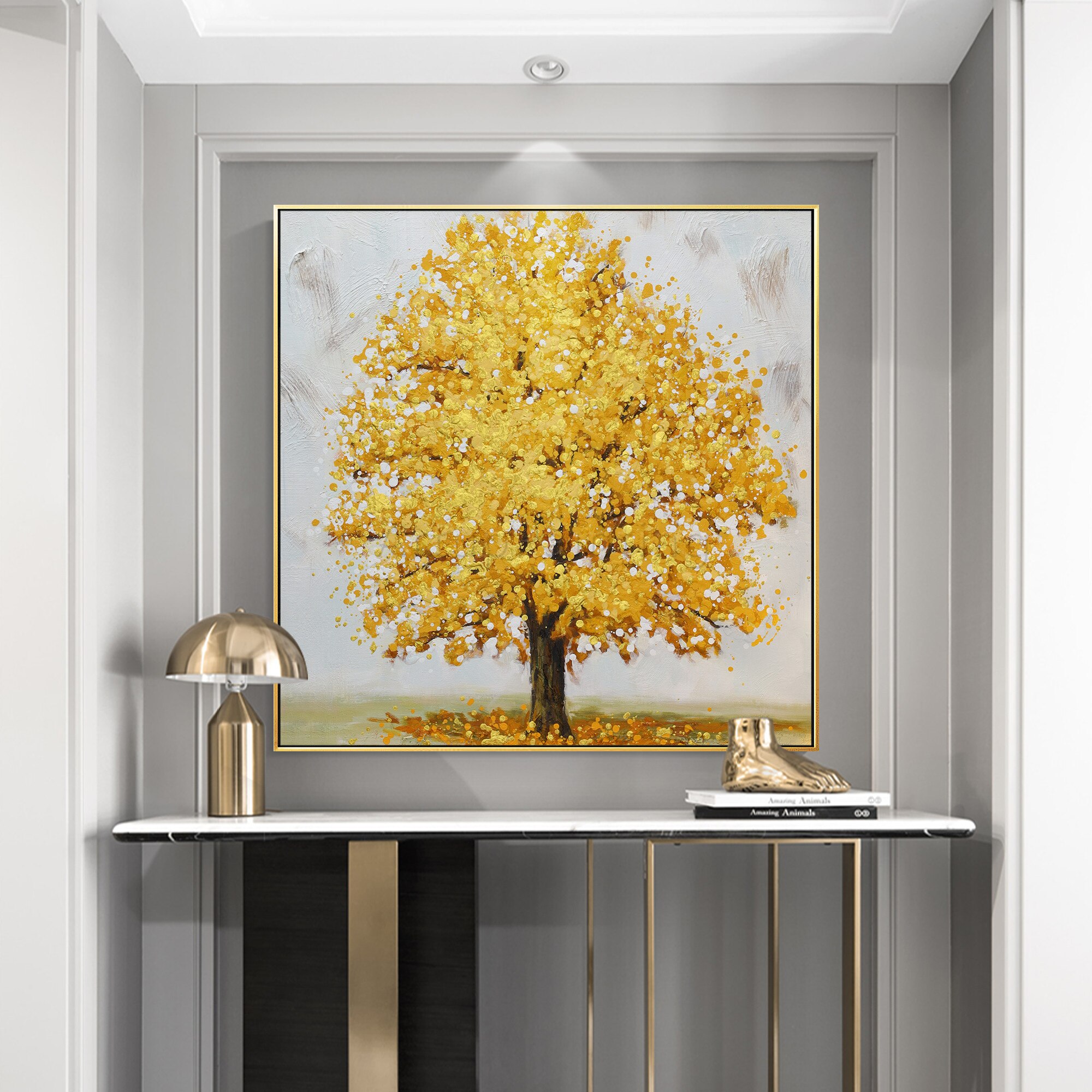 Pintura al &oacute;leo de paisaje para decoraci&oacute;n del hogar, lienzo de &aacute;rbol dorado abstracto de textura pesada acr&iacute;lica grande Original, arte de pared, imagen para sala de estar