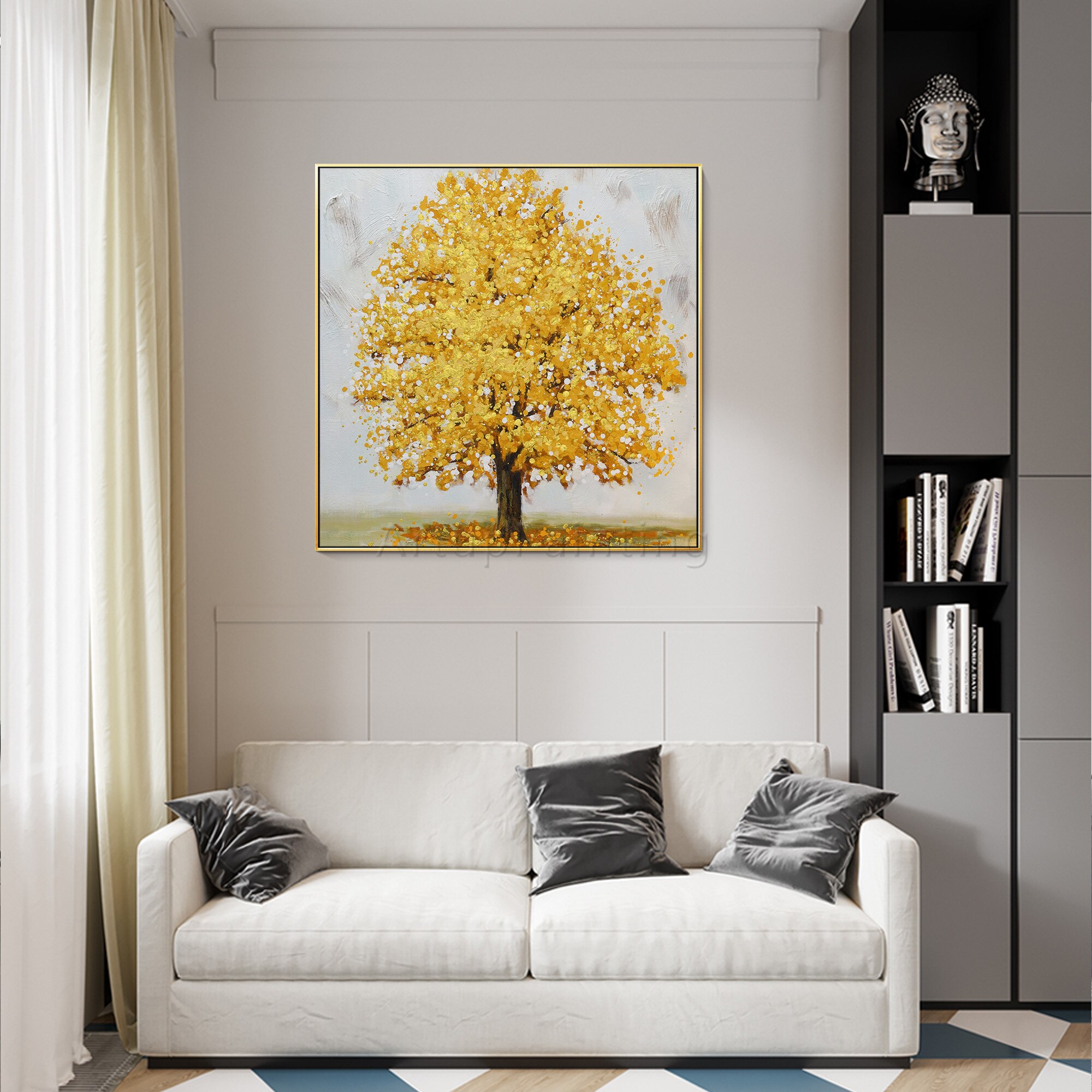 Pintura al &oacute;leo de paisaje para decoraci&oacute;n del hogar, lienzo de &aacute;rbol dorado abstracto de textura pesada acr&iacute;lica grande Original, arte de pared, imagen para sala de estar