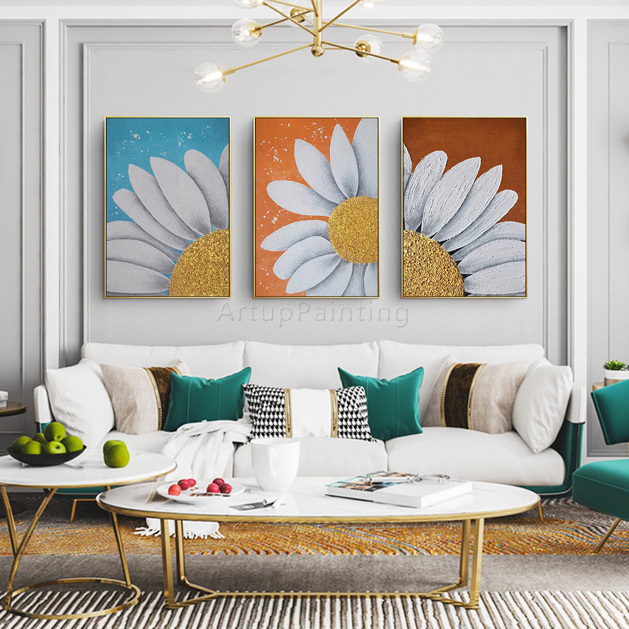 Juego de 3 flores en lienzo, pintura abstracta moderna, arte de pared grande, girasol colorido, pintura acr&iacute;lica al &oacute;leo, decoraci&oacute;n del hogar