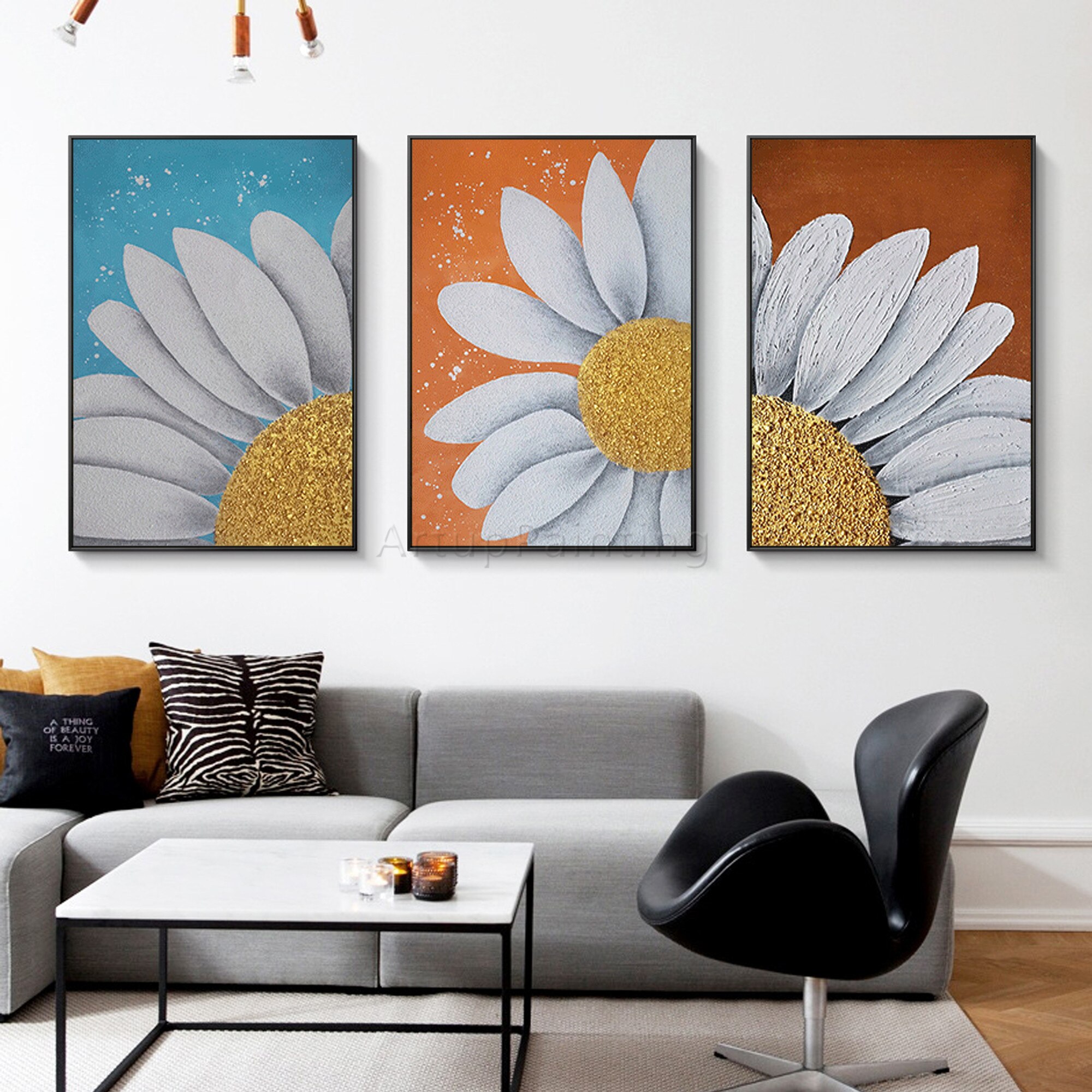 Juego de 3 flores en lienzo, pintura abstracta moderna, arte de pared grande, girasol colorido, pintura acr&iacute;lica al &oacute;leo, decoraci&oacute;n del hogar