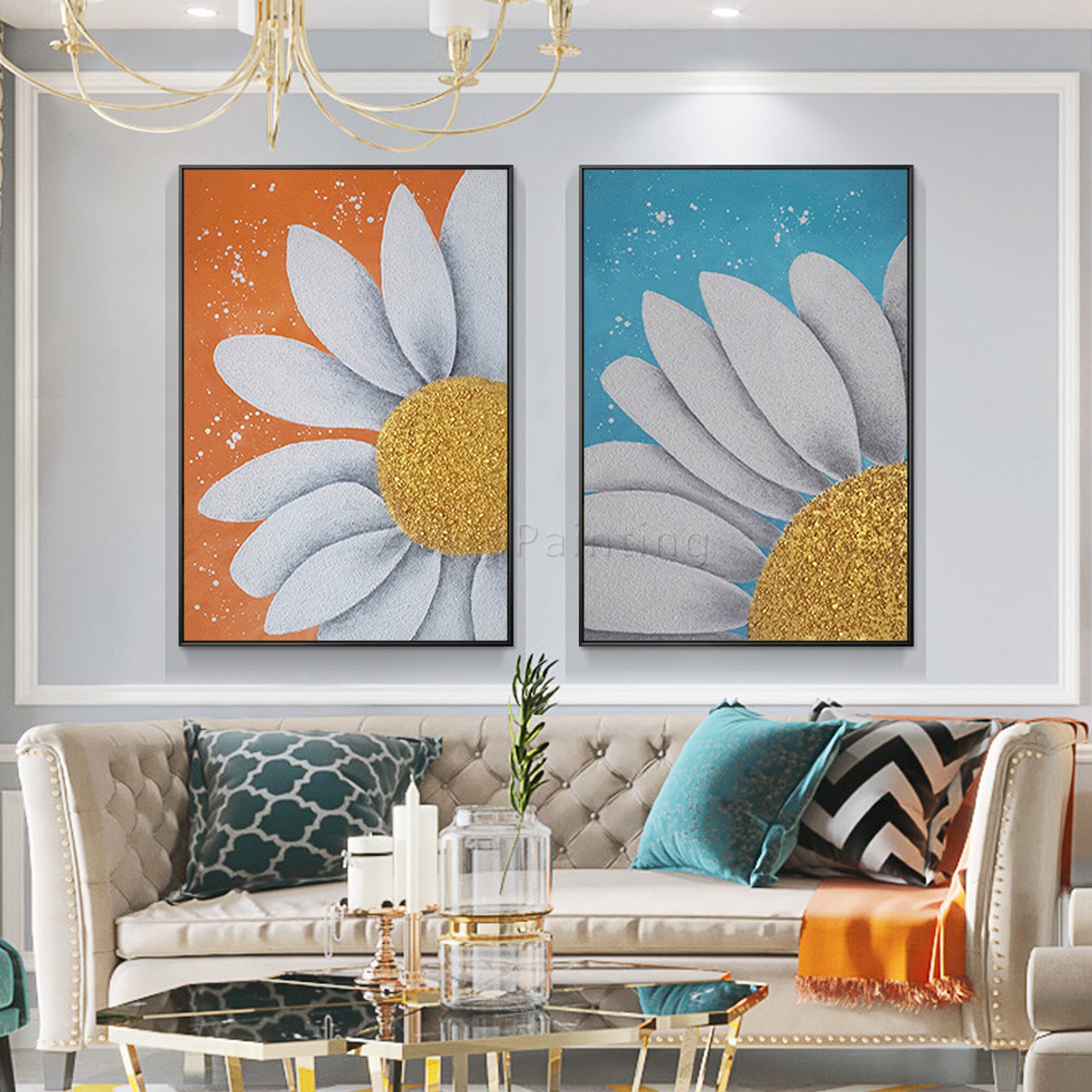Juego de 3 flores en lienzo, pintura abstracta moderna, arte de pared grande, girasol colorido, pintura acr&iacute;lica al &oacute;leo, decoraci&oacute;n del hogar