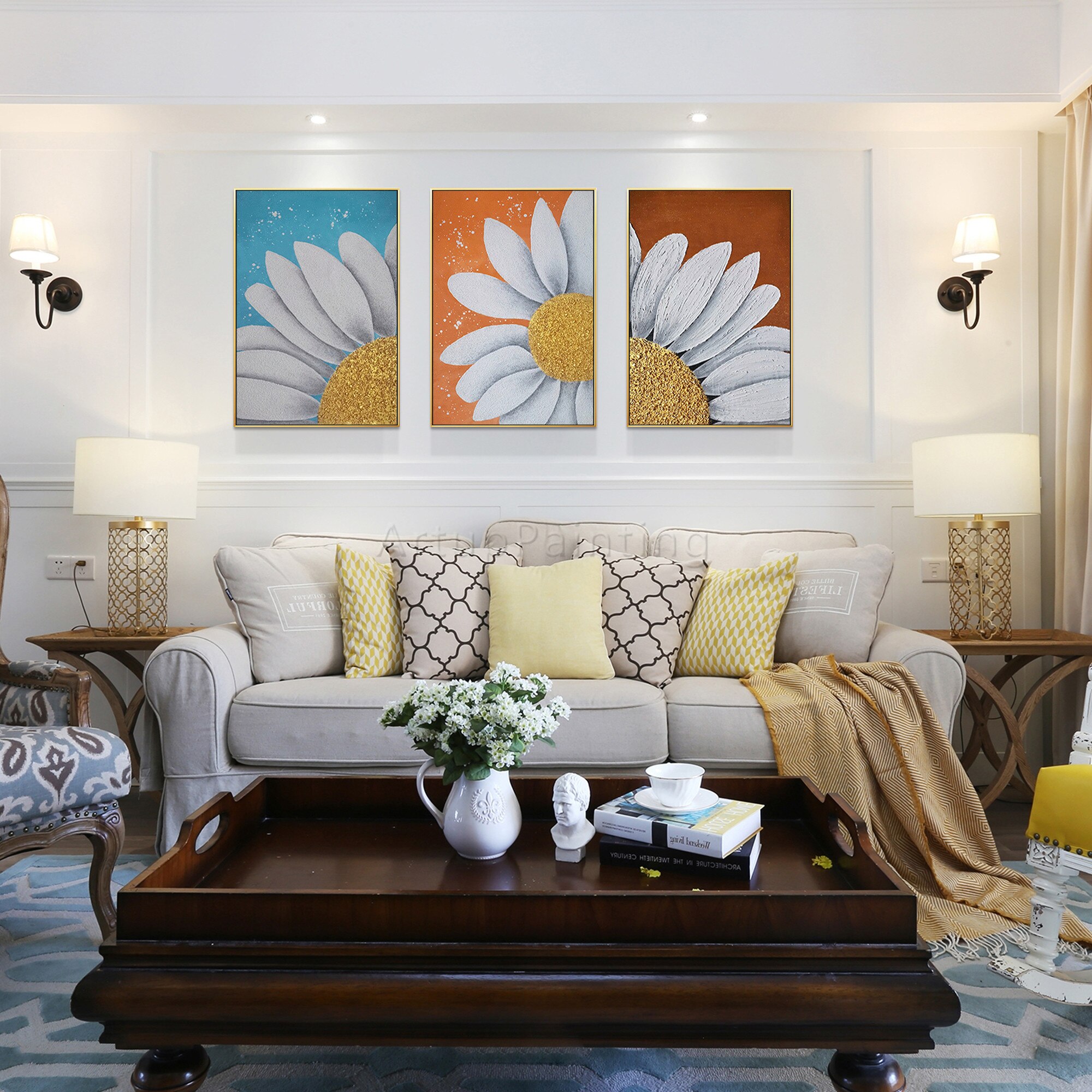Juego de 3 flores en lienzo, pintura abstracta moderna, arte de pared grande, girasol colorido, pintura acr&iacute;lica al &oacute;leo, decoraci&oacute;n del hogar