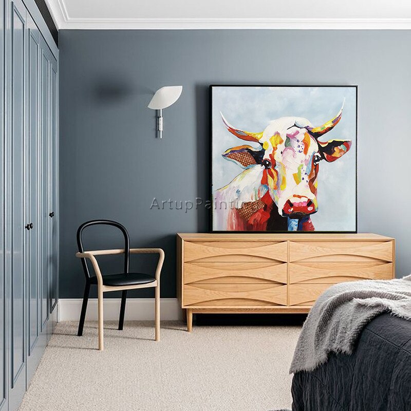 Pintura en lienzo para decoraci&oacute;n del hogar, pintura acr&iacute;lica de vaca, im&aacute;genes art&iacute;sticas de pared para sala de estar, caudros, cuchillo de plattle, arte animal
