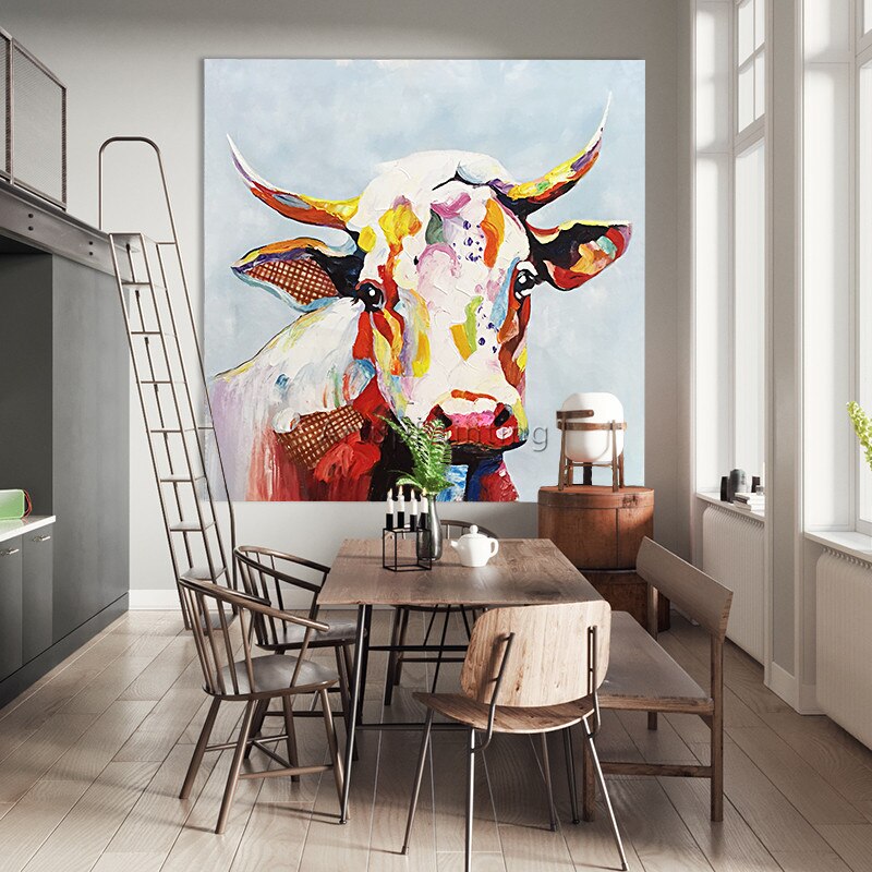 Pintura en lienzo para decoraci&oacute;n del hogar, pintura acr&iacute;lica de vaca, im&aacute;genes art&iacute;sticas de pared para sala de estar, caudros, cuchillo de plattle, arte animal