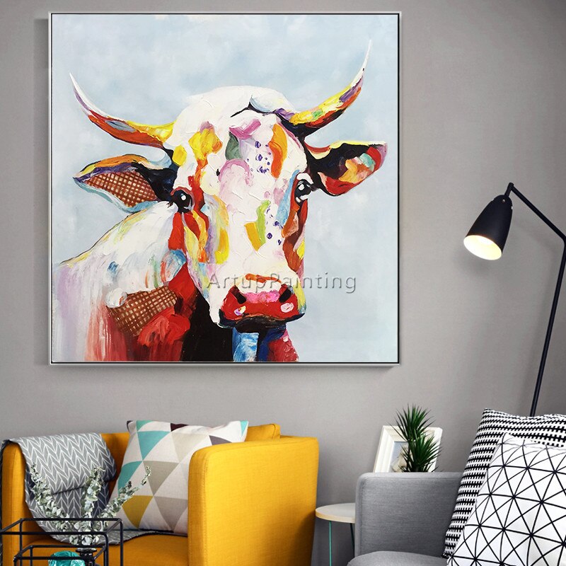 Pintura en lienzo para decoraci&oacute;n del hogar, pintura acr&iacute;lica de vaca, im&aacute;genes art&iacute;sticas de pared para sala de estar, caudros, cuchillo de plattle, arte animal