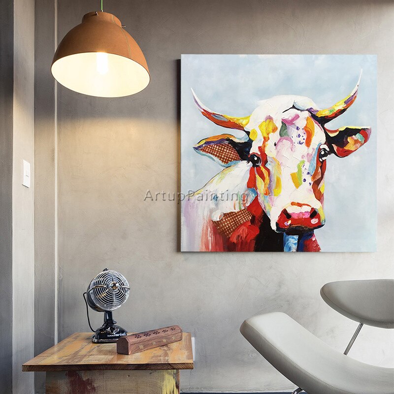 Pintura en lienzo para decoraci&oacute;n del hogar, pintura acr&iacute;lica de vaca, im&aacute;genes art&iacute;sticas de pared para sala de estar, caudros, cuchillo de plattle, arte animal