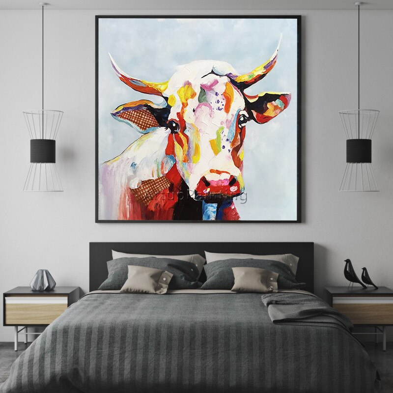 Pintura en lienzo para decoraci&oacute;n del hogar, pintura acr&iacute;lica de vaca, im&aacute;genes art&iacute;sticas de pared para sala de estar, caudros, cuchillo de plattle, arte animal