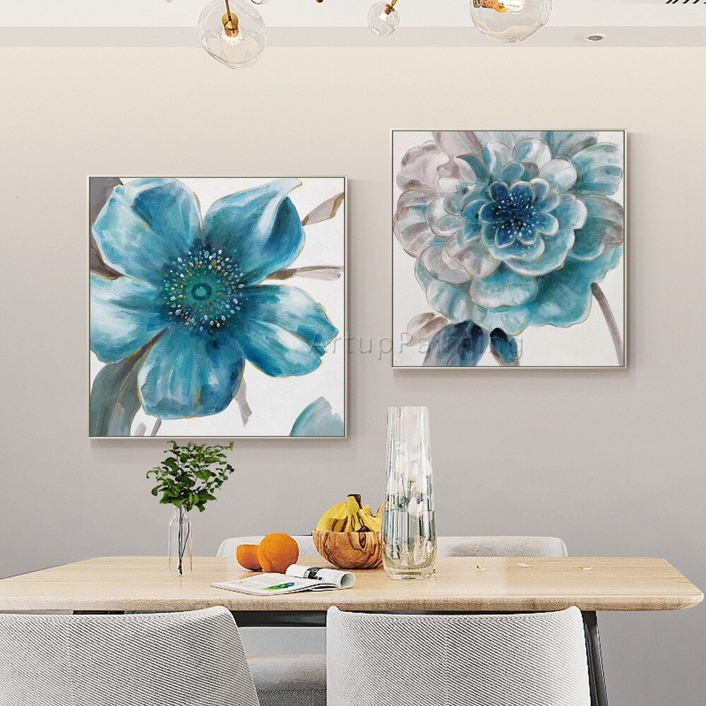 Juego de 2 pinturas al &oacute;leo modernas pintadas a mano de flores azules, verdes y grises sobre lienzo, im&aacute;genes para decoraci&oacute;n de sala de estar