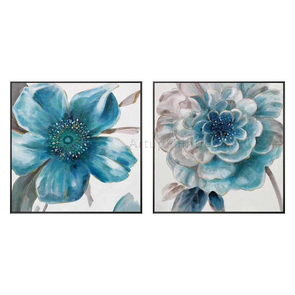 Juego de 2 pinturas al &oacute;leo modernas pintadas a mano de flores azules, verdes y grises sobre lienzo, im&aacute;genes para decoraci&oacute;n de sala de estar