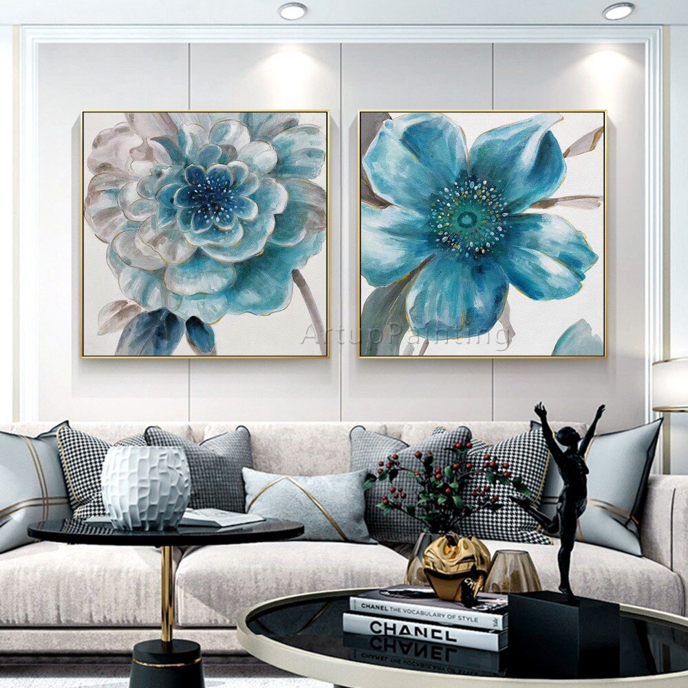 Juego de 2 pinturas al &oacute;leo modernas pintadas a mano de flores azules, verdes y grises sobre lienzo, im&aacute;genes para decoraci&oacute;n de sala de estar