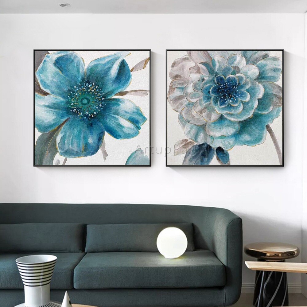Juego de 2 pinturas al &oacute;leo modernas pintadas a mano de flores azules, verdes y grises sobre lienzo, im&aacute;genes para decoraci&oacute;n de sala de estar