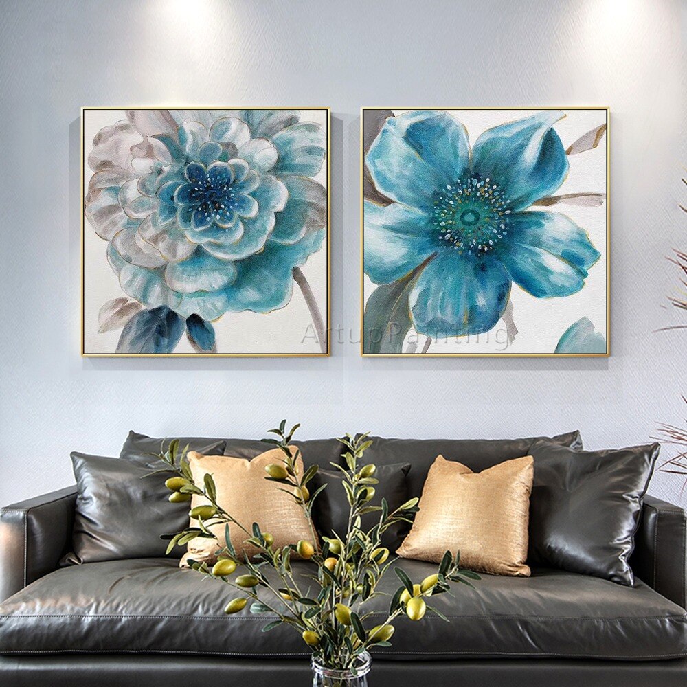 Juego de 2 pinturas al &oacute;leo modernas pintadas a mano de flores azules, verdes y grises sobre lienzo, im&aacute;genes para decoraci&oacute;n de sala de estar