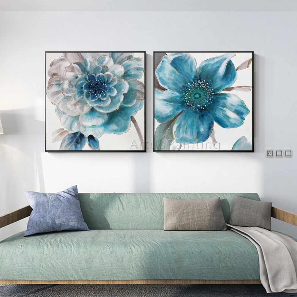 Juego de 2 pinturas al &oacute;leo modernas pintadas a mano de flores azules, verdes y grises sobre lienzo, im&aacute;genes para decoraci&oacute;n de sala de estar