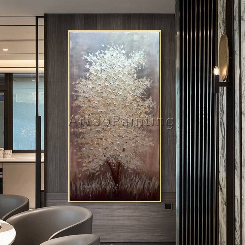 Paleta de pintura en lienzo con textura 3D, im&aacute;genes art&iacute;sticas de pared de &aacute;rbol plateado acr&iacute;lico para sala de estar, decoraci&oacute;n del hogar, 05