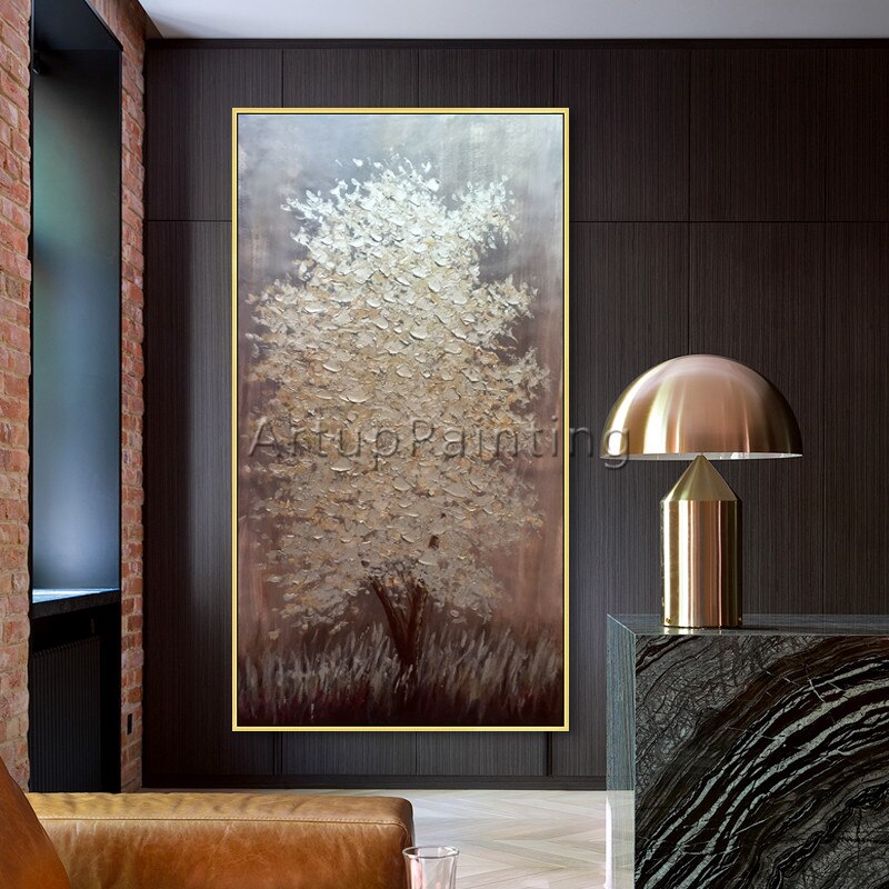 Paleta de pintura en lienzo con textura 3D, im&aacute;genes art&iacute;sticas de pared de &aacute;rbol plateado acr&iacute;lico para sala de estar, decoraci&oacute;n del hogar, 05