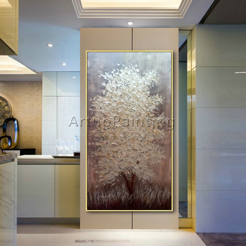 Paleta de pintura en lienzo con textura 3D, im&aacute;genes art&iacute;sticas de pared de &aacute;rbol plateado acr&iacute;lico para sala de estar, decoraci&oacute;n del hogar, 05