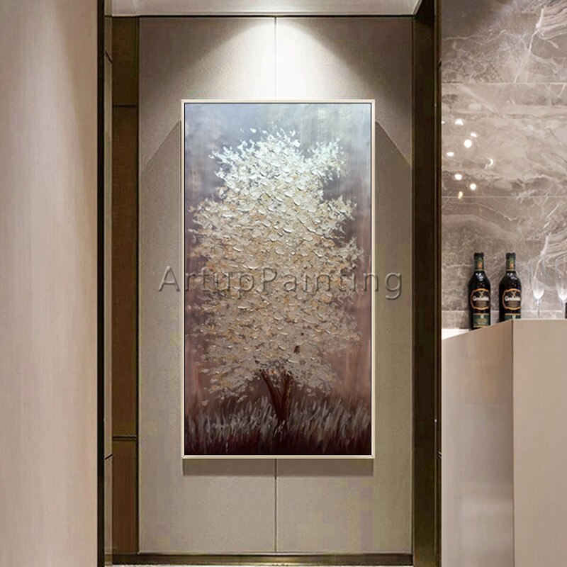 Paleta de pintura en lienzo con textura 3D, im&aacute;genes art&iacute;sticas de pared de &aacute;rbol plateado acr&iacute;lico para sala de estar, decoraci&oacute;n del hogar, 05