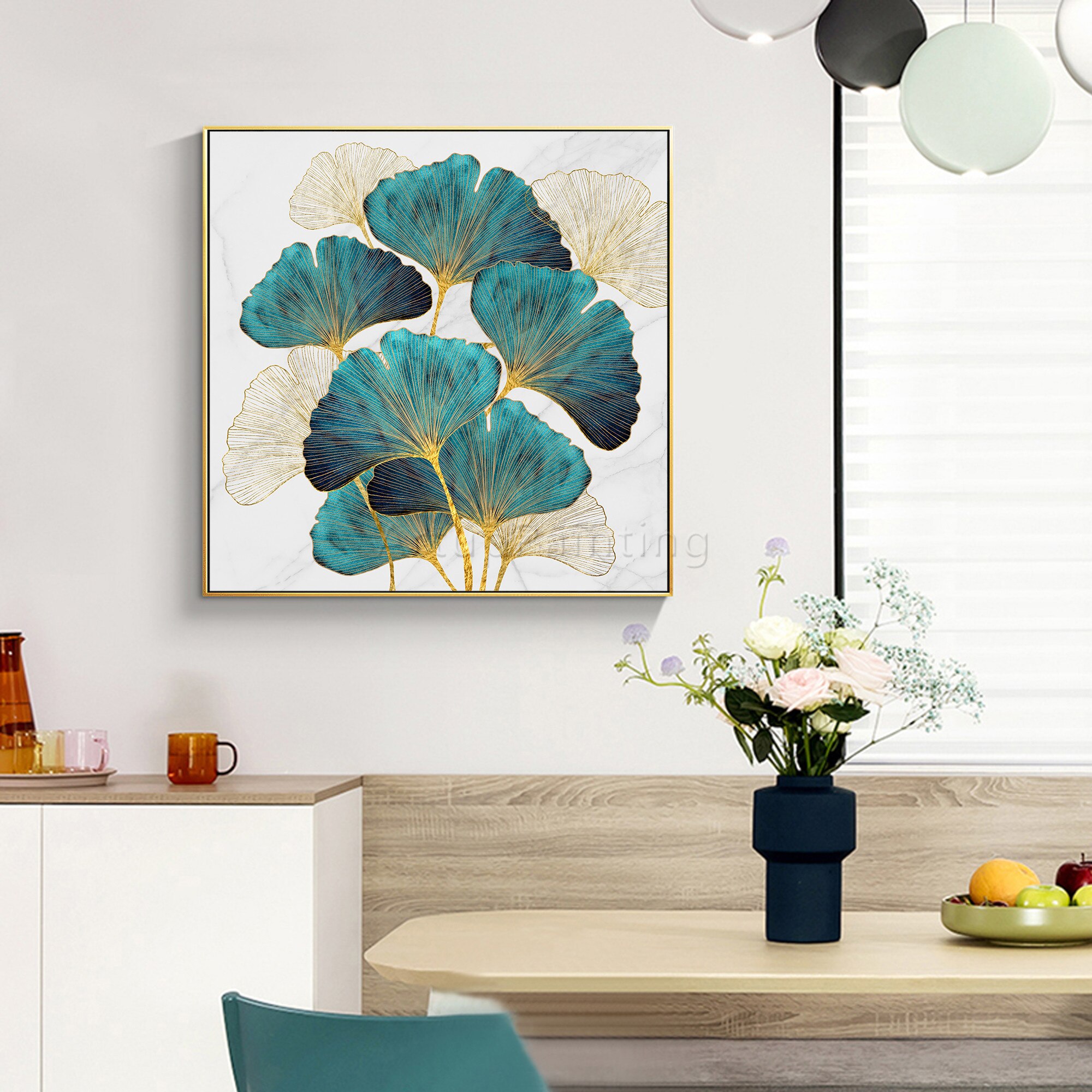Pintura al &oacute;leo de lienzo de flor de &aacute;rbol verde abstracto moderno, textura acr&iacute;lica dorada grande Original, arte de pared, imagen para sala de estar, decoraci&oacute;n del hogar