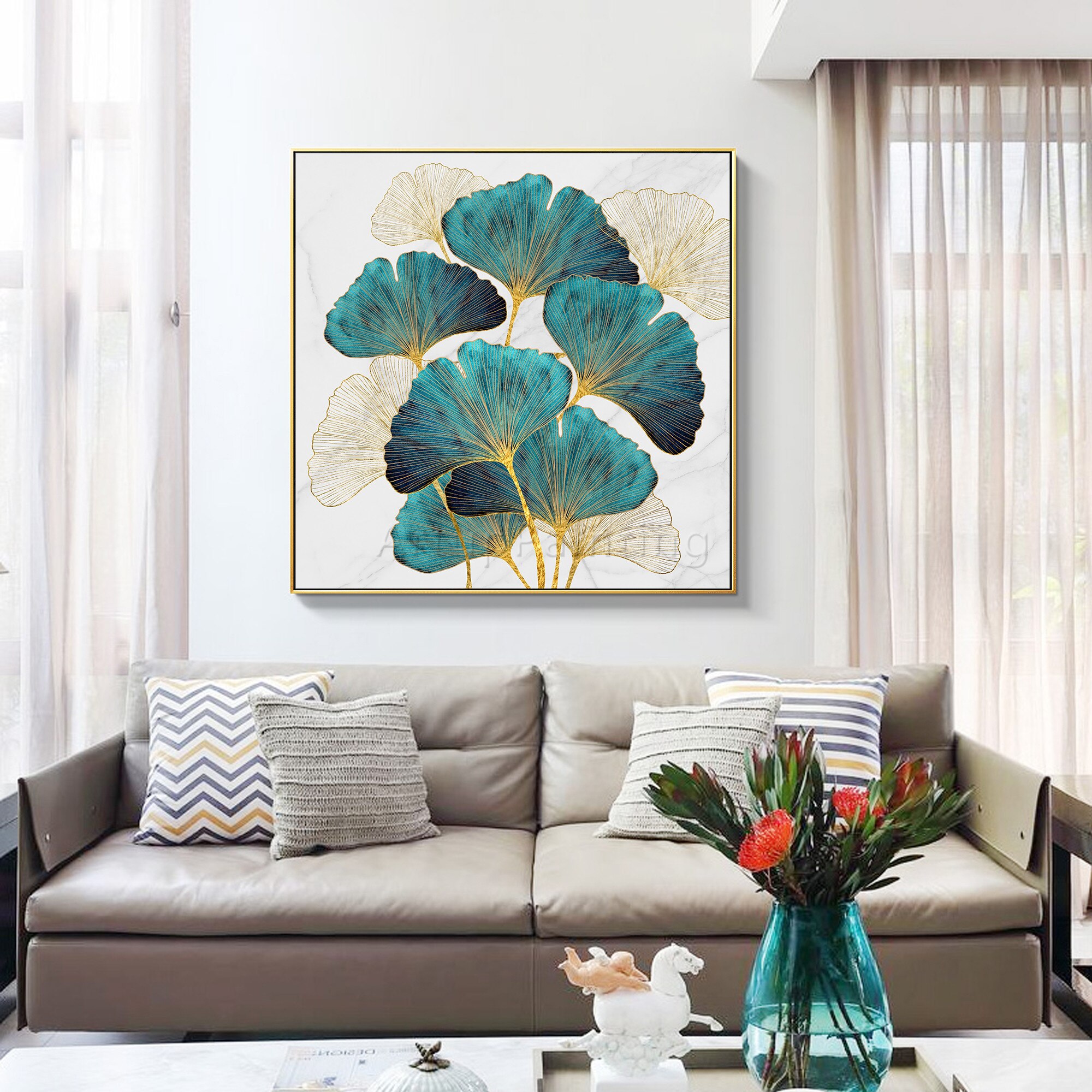 Pintura al &oacute;leo de lienzo de flor de &aacute;rbol verde abstracto moderno, textura acr&iacute;lica dorada grande Original, arte de pared, imagen para sala de estar, decoraci&oacute;n del hogar