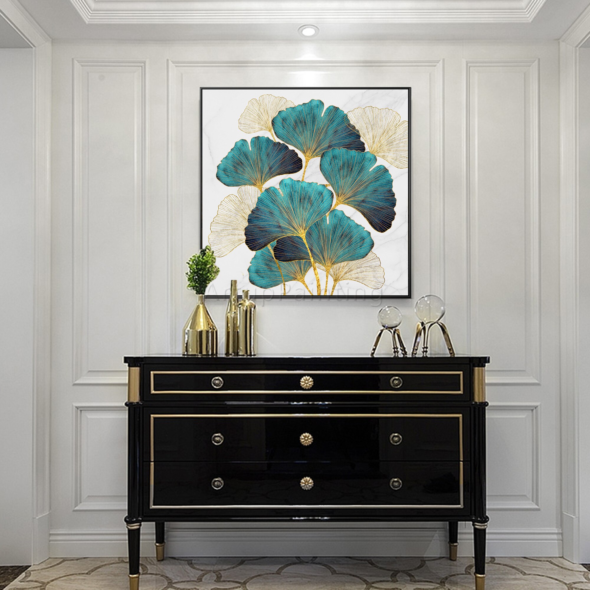 Pintura al &oacute;leo de lienzo de flor de &aacute;rbol verde abstracto moderno, textura acr&iacute;lica dorada grande Original, arte de pared, imagen para sala de estar, decoraci&oacute;n del hogar