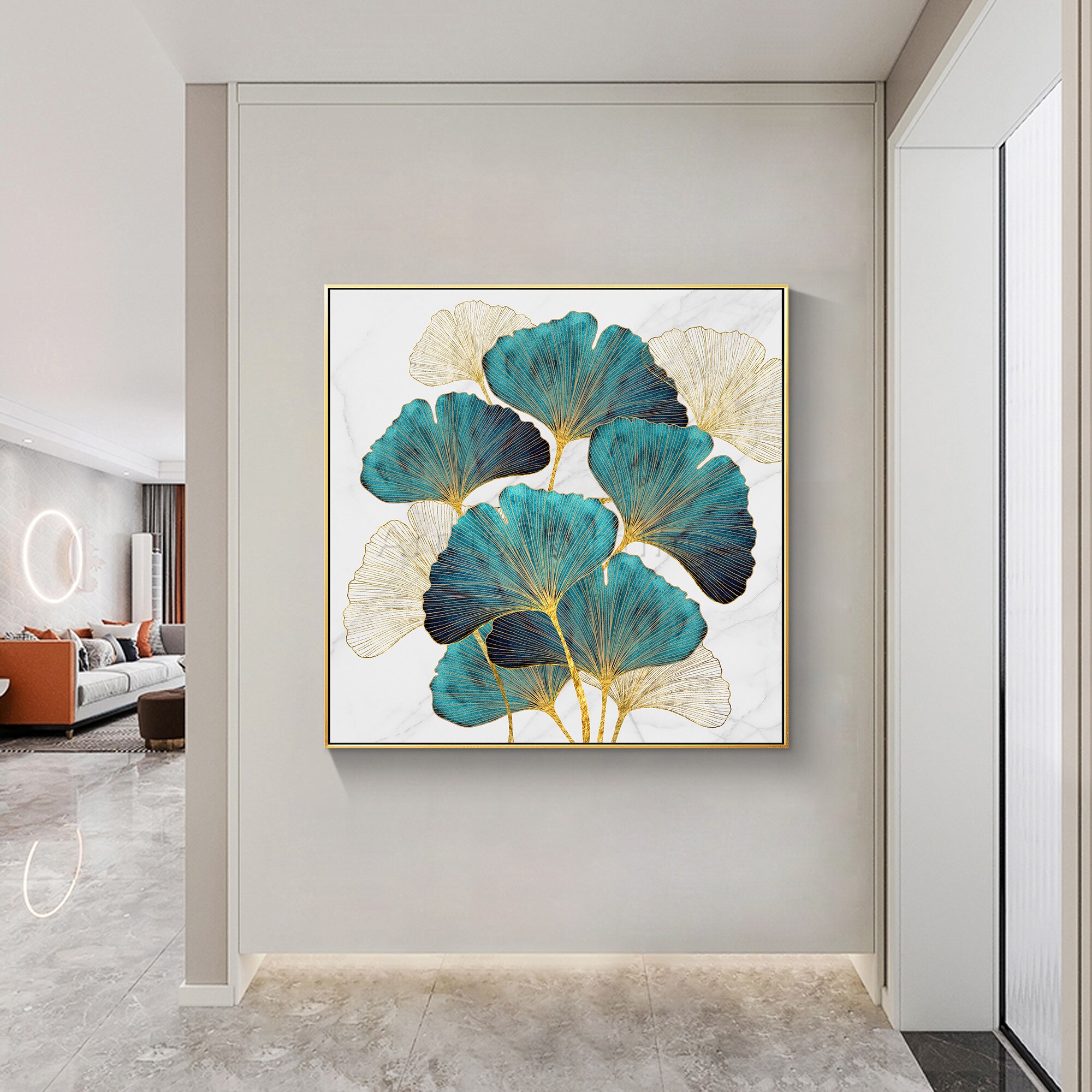 Pintura al &oacute;leo de lienzo de flor de &aacute;rbol verde abstracto moderno, textura acr&iacute;lica dorada grande Original, arte de pared, imagen para sala de estar, decoraci&oacute;n del hogar