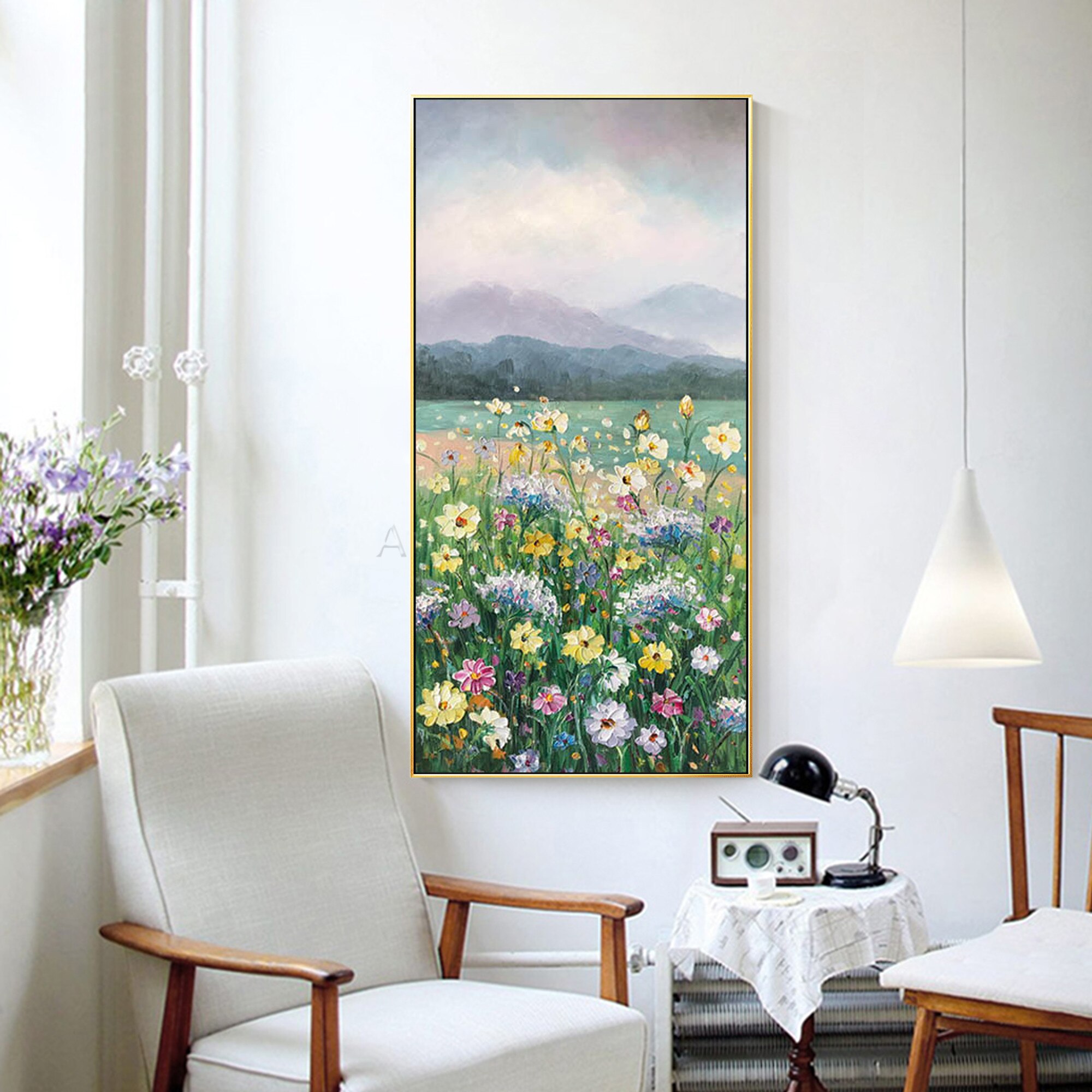 Pintura en lienzo de flores coloridas, pintura abstracta grande y Original de paisaje acr&iacute;lico, textura pesada, arte de pared, decoraci&oacute;n del hogar para sala de estar