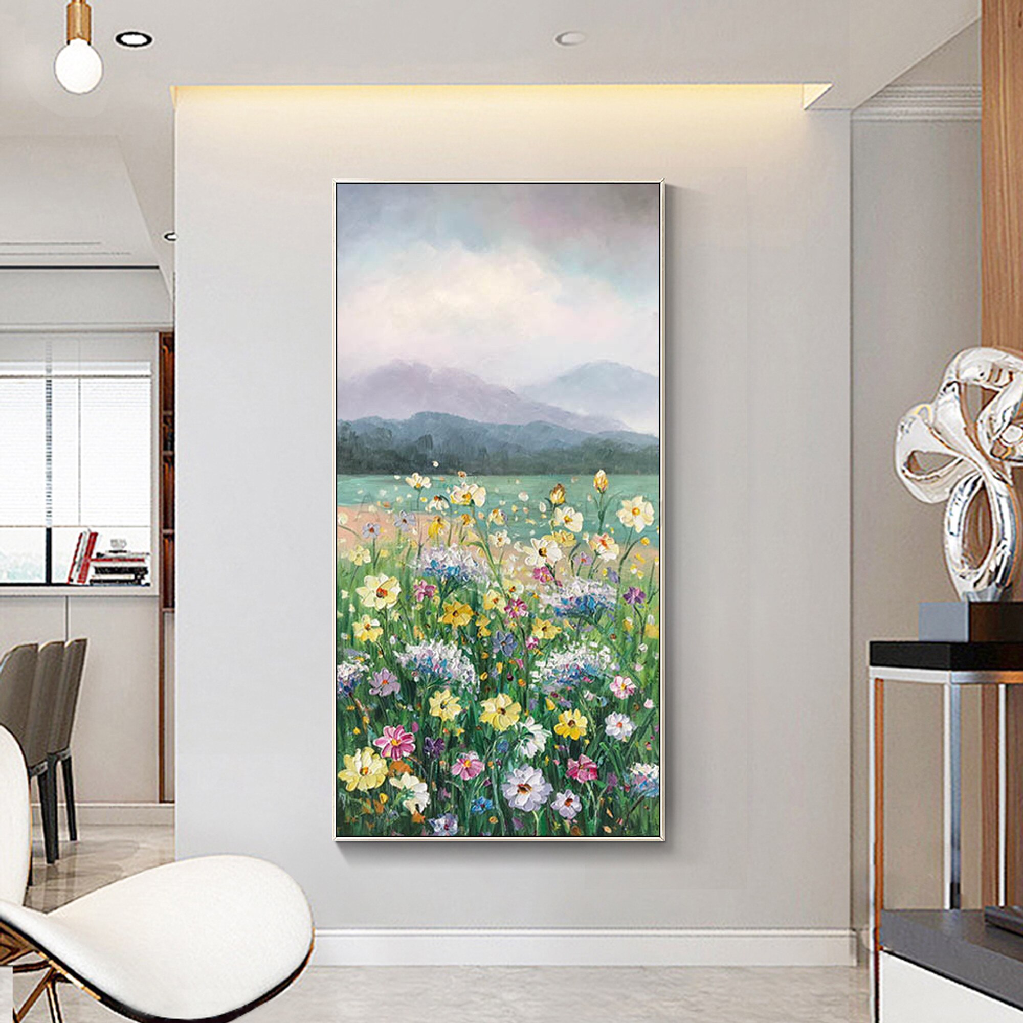 Pintura en lienzo de flores coloridas, pintura abstracta grande y Original de paisaje acr&iacute;lico, textura pesada, arte de pared, decoraci&oacute;n del hogar para sala de estar