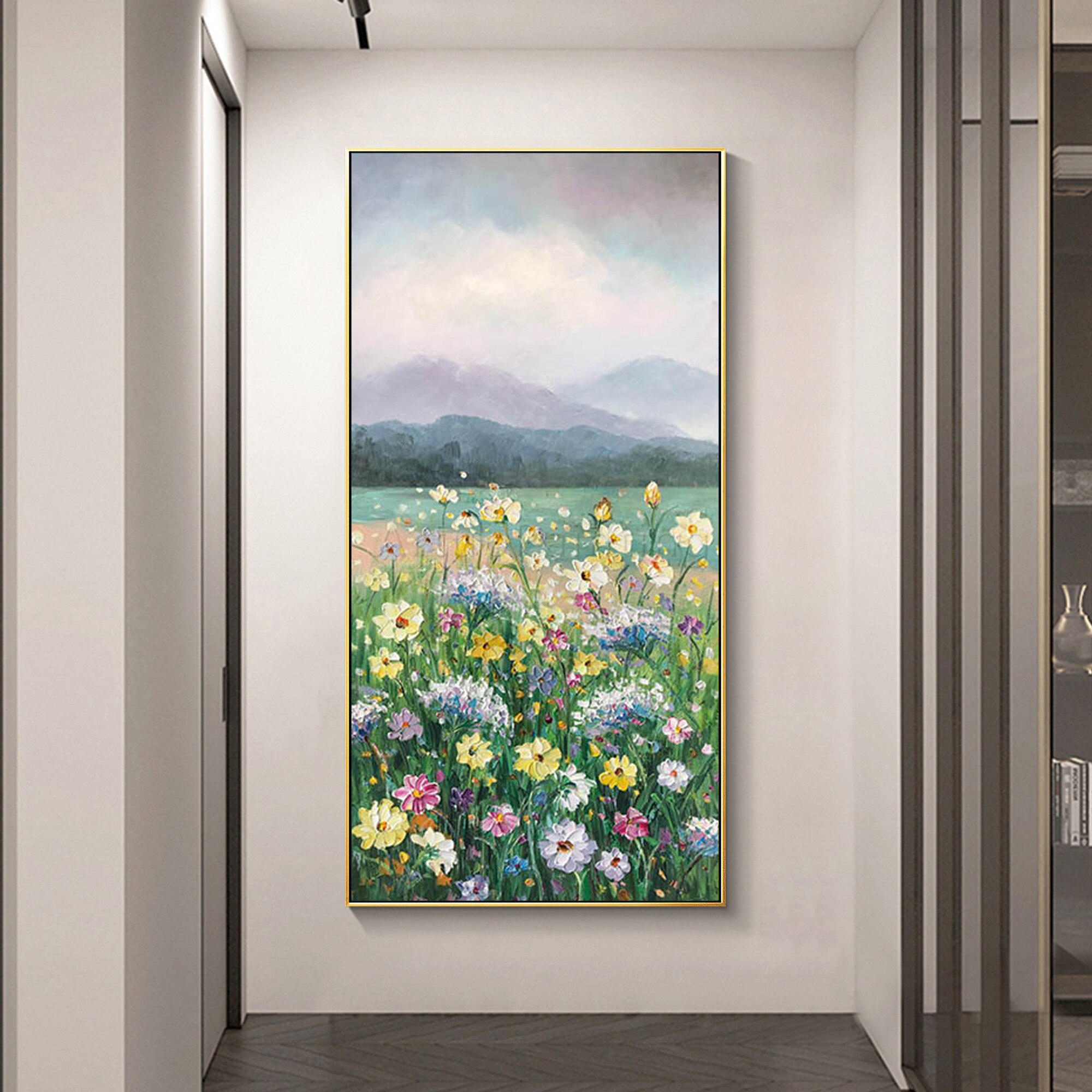 Pintura en lienzo de flores coloridas, pintura abstracta grande y Original de paisaje acr&iacute;lico, textura pesada, arte de pared, decoraci&oacute;n del hogar para sala de estar
