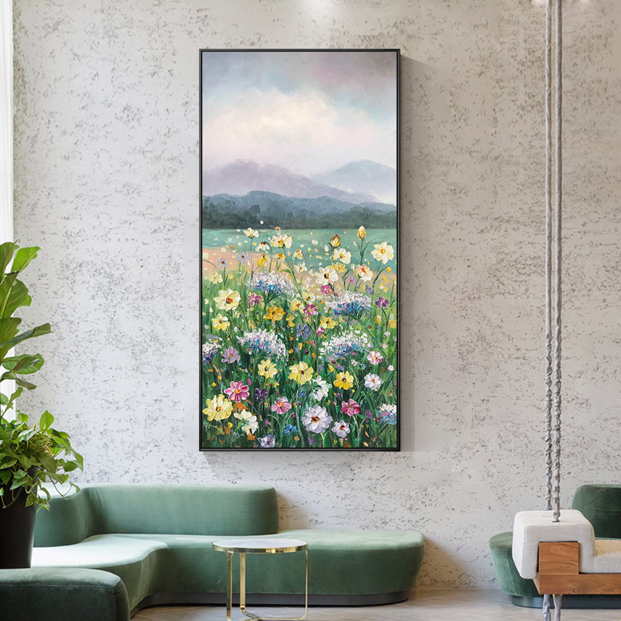 Pintura en lienzo de flores coloridas, pintura abstracta grande y Original de paisaje acr&iacute;lico, textura pesada, arte de pared, decoraci&oacute;n del hogar para sala de estar