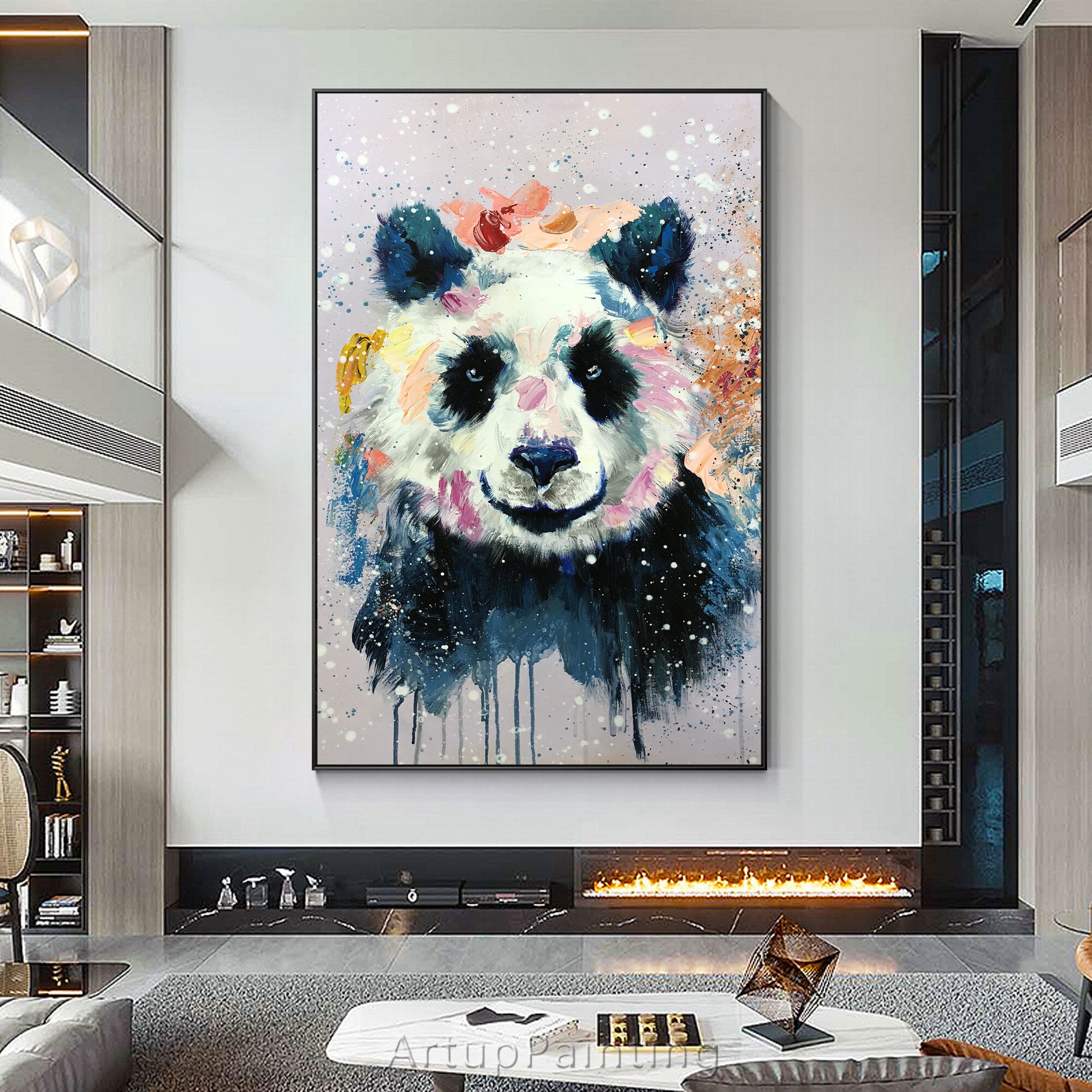 Lindo Panda pintura abstracta Rosa Spray Animal Pop art paleta de pintura al &oacute;leo cuchillo arte de pared imagen sala de estar decoraci&oacute;n del hogar