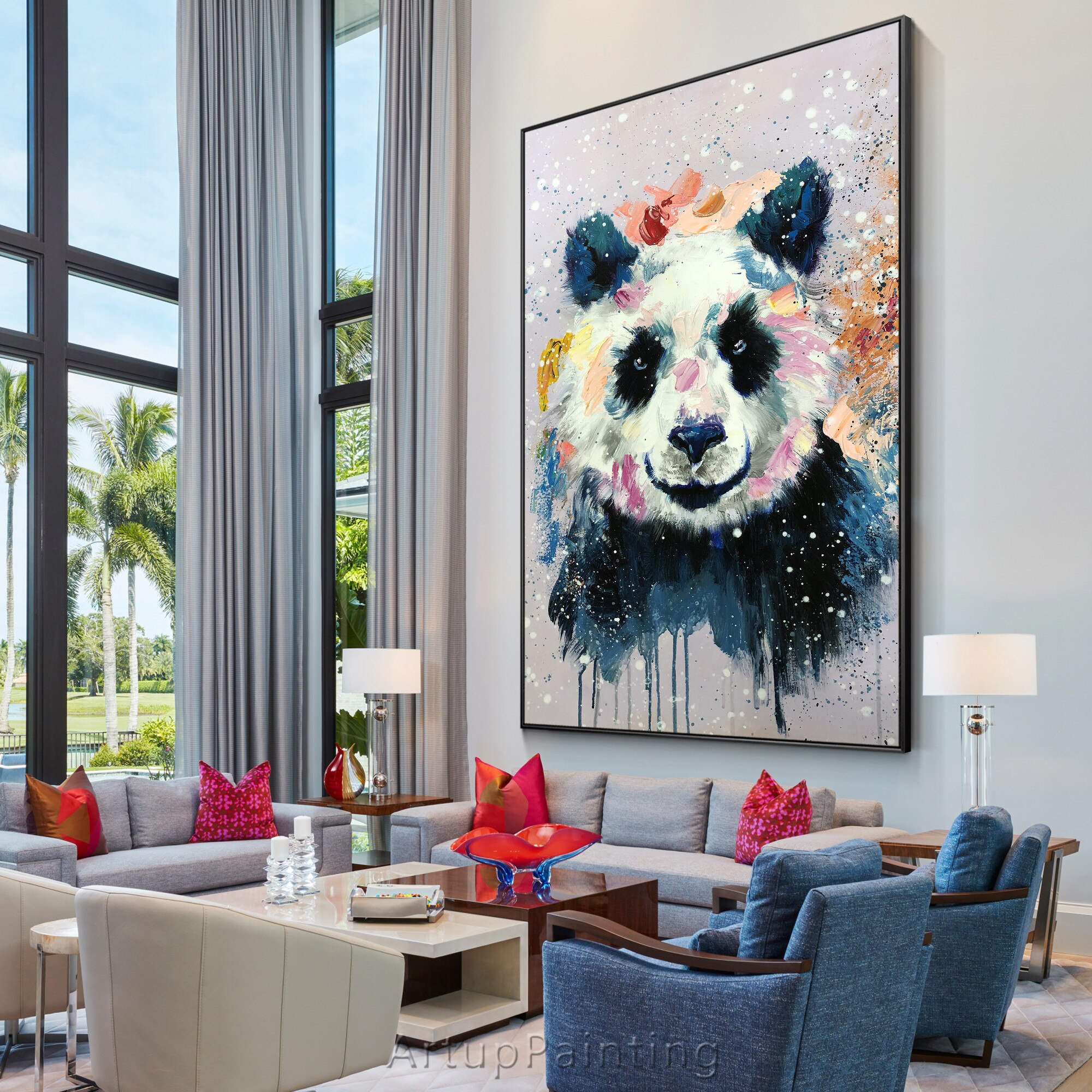 Lindo Panda pintura abstracta Rosa Spray Animal Pop art paleta de pintura al &oacute;leo cuchillo arte de pared imagen sala de estar decoraci&oacute;n del hogar