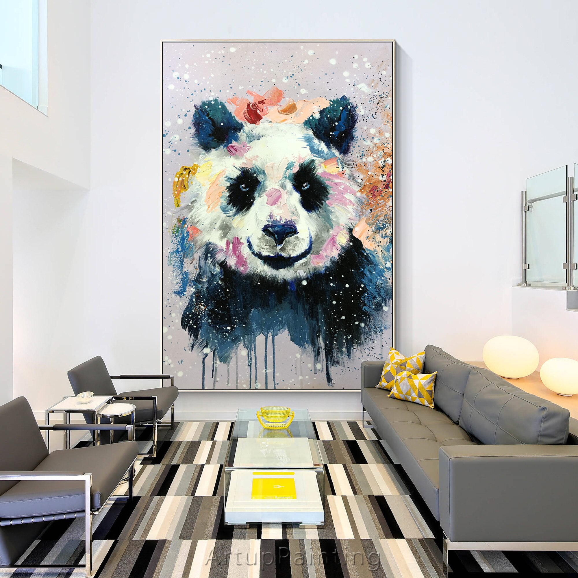 Lindo Panda pintura abstracta Rosa Spray Animal Pop art paleta de pintura al &oacute;leo cuchillo arte de pared imagen sala de estar decoraci&oacute;n del hogar