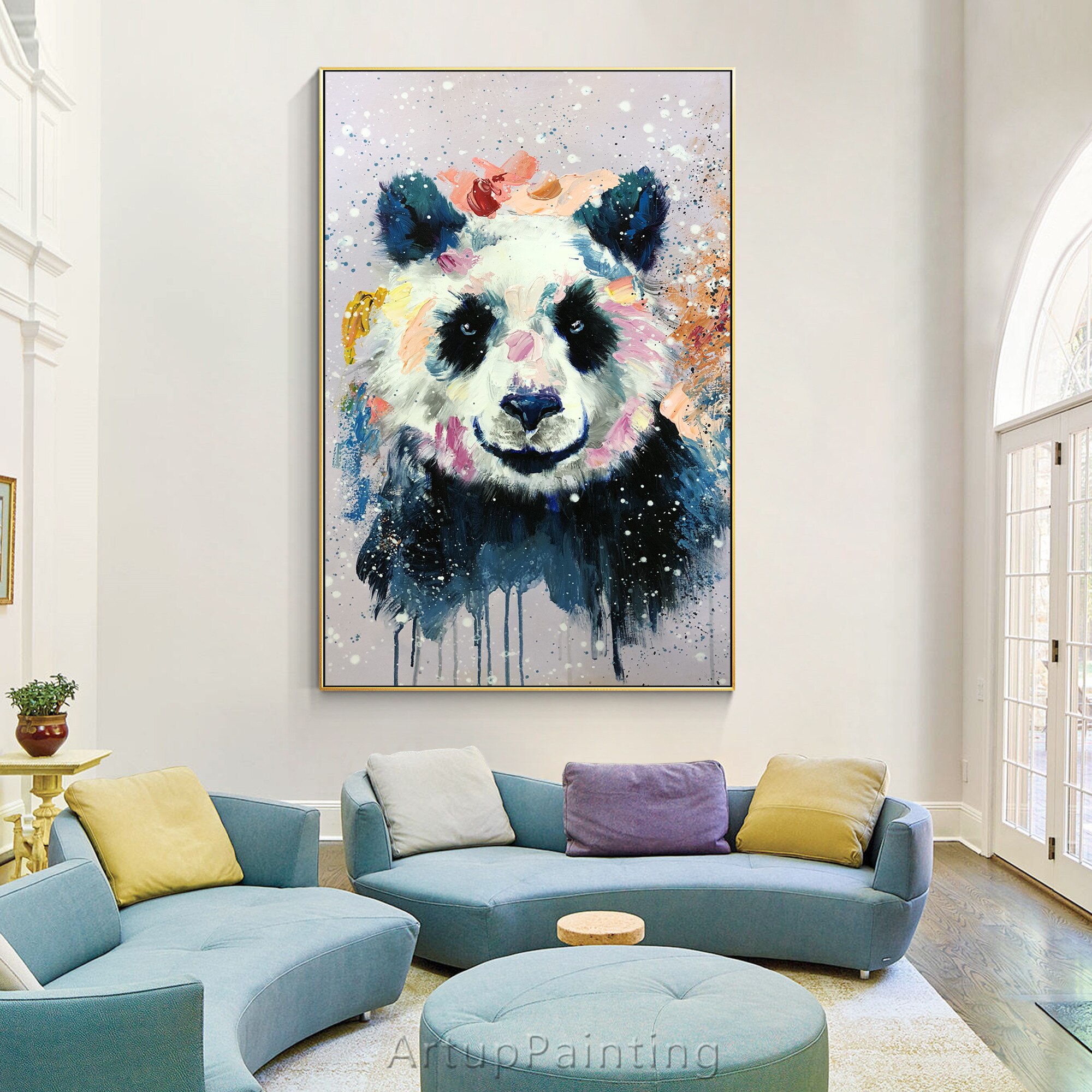 Lindo Panda pintura abstracta Rosa Spray Animal Pop art paleta de pintura al &oacute;leo cuchillo arte de pared imagen sala de estar decoraci&oacute;n del hogar