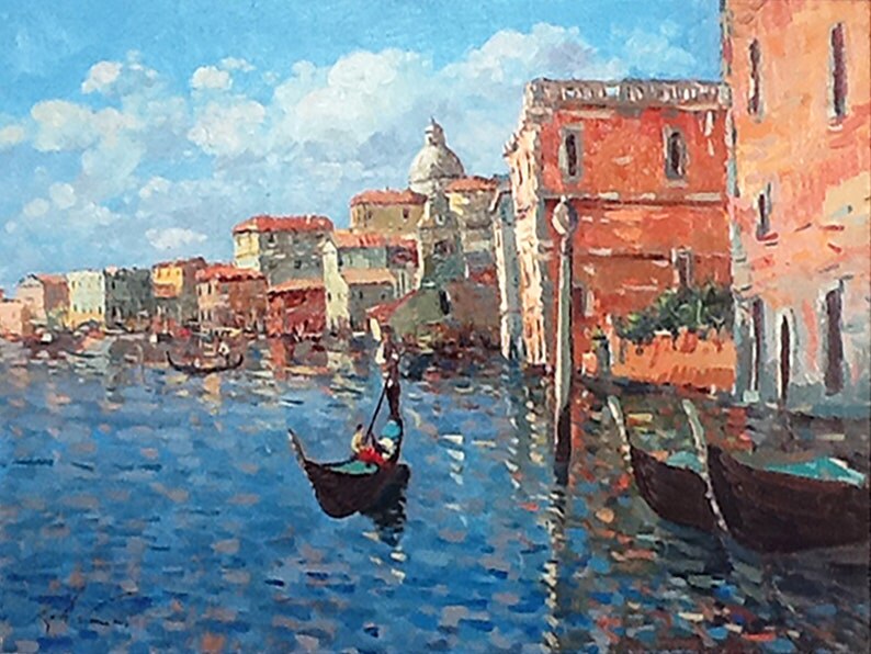 Pintura al &oacute;leo de Venecia, g&oacute;ndola abstracta de Italia costera sobre lienzo, arte de pared pintado a mano, imagen, decoraci&oacute;n del hogar para sala de estar
